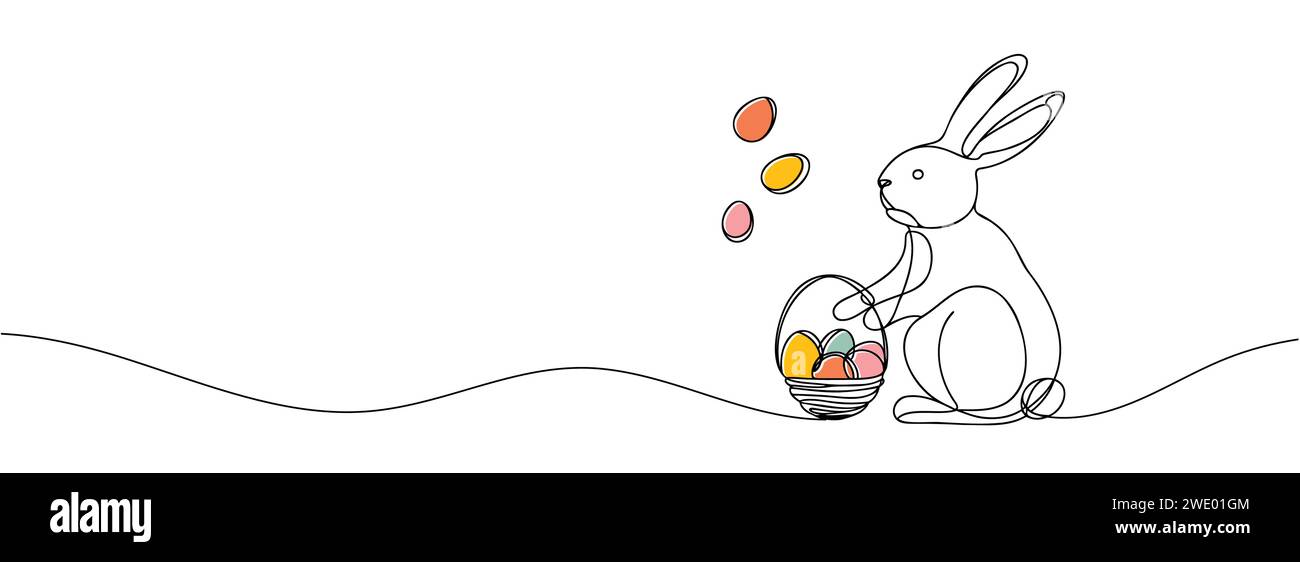 Easter bunny with colored eggs drawn in one line Stock Vector Image ...