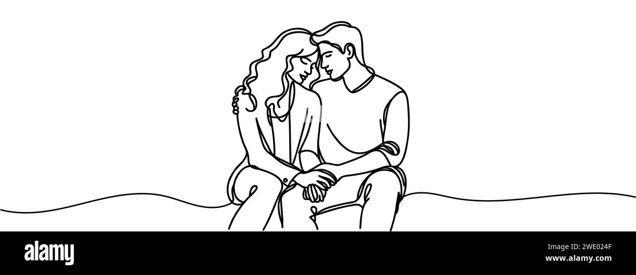 continuous drawing in one line of a guy and a girl in love hugging each ...