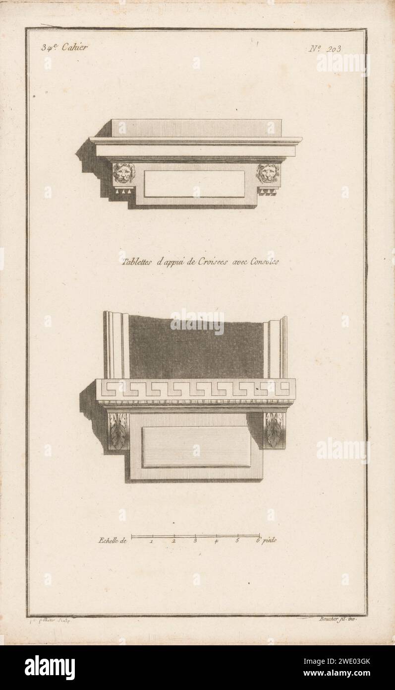 Two window sills, Jean Pelletier, After Juste Nathan François Boucher, 1772 - 1779 print Two ornamented window sills. The upper windowsill with lion heads, the bottom with leaf motifs and a meander motif decorated. Print number 203. Paris paper etching / engraving window Stock Photo