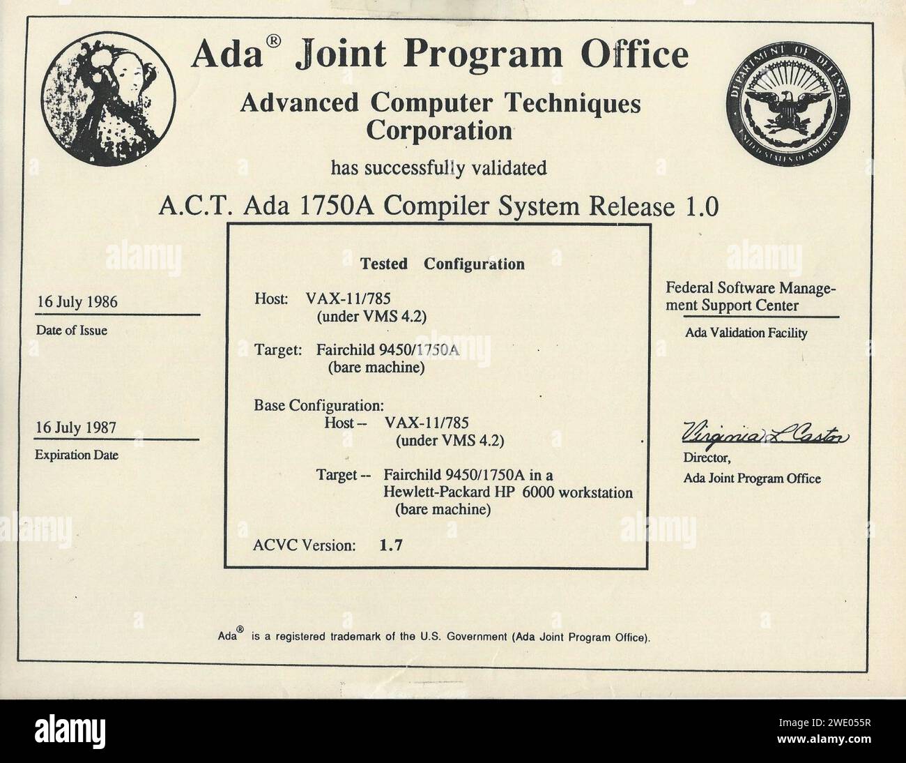 AJPO validation certificate for ACT Ada 1750A compiler July 1986 Stock ...
