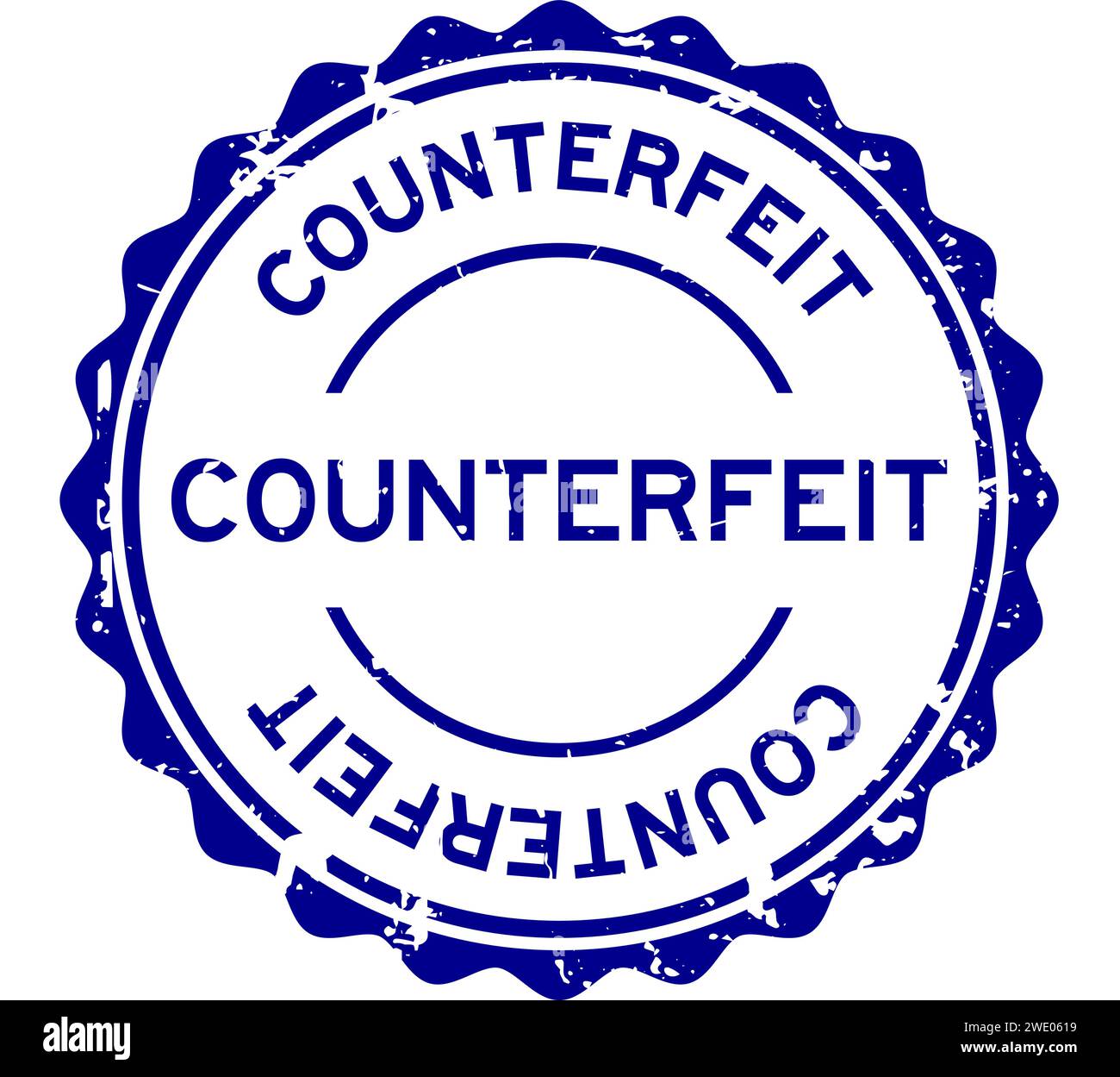 Grunge blue counterfeit word round rubber seal stamp on white