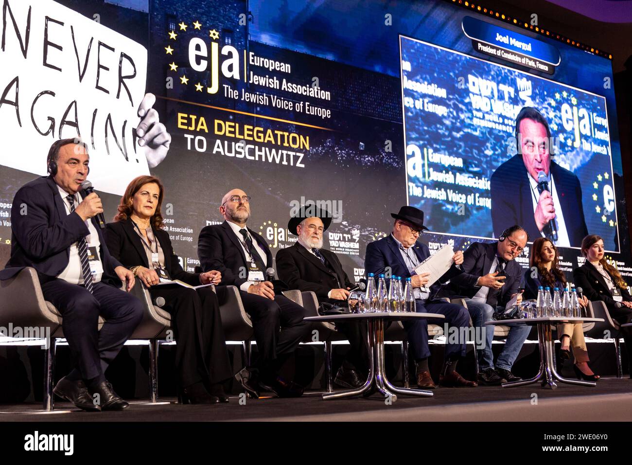 Regional European community leaders speak during the European Jewish Association symposium - The Jewish Voice of Europe in the Conference Hall in Doubletree Hilton hotel in Krakow, Poland on January 22, 2024. The meeting discusses increased antisemitism in Europe after the brutal October 7 2023 attack and Israeli war in Gaza Strip. Stock Photo