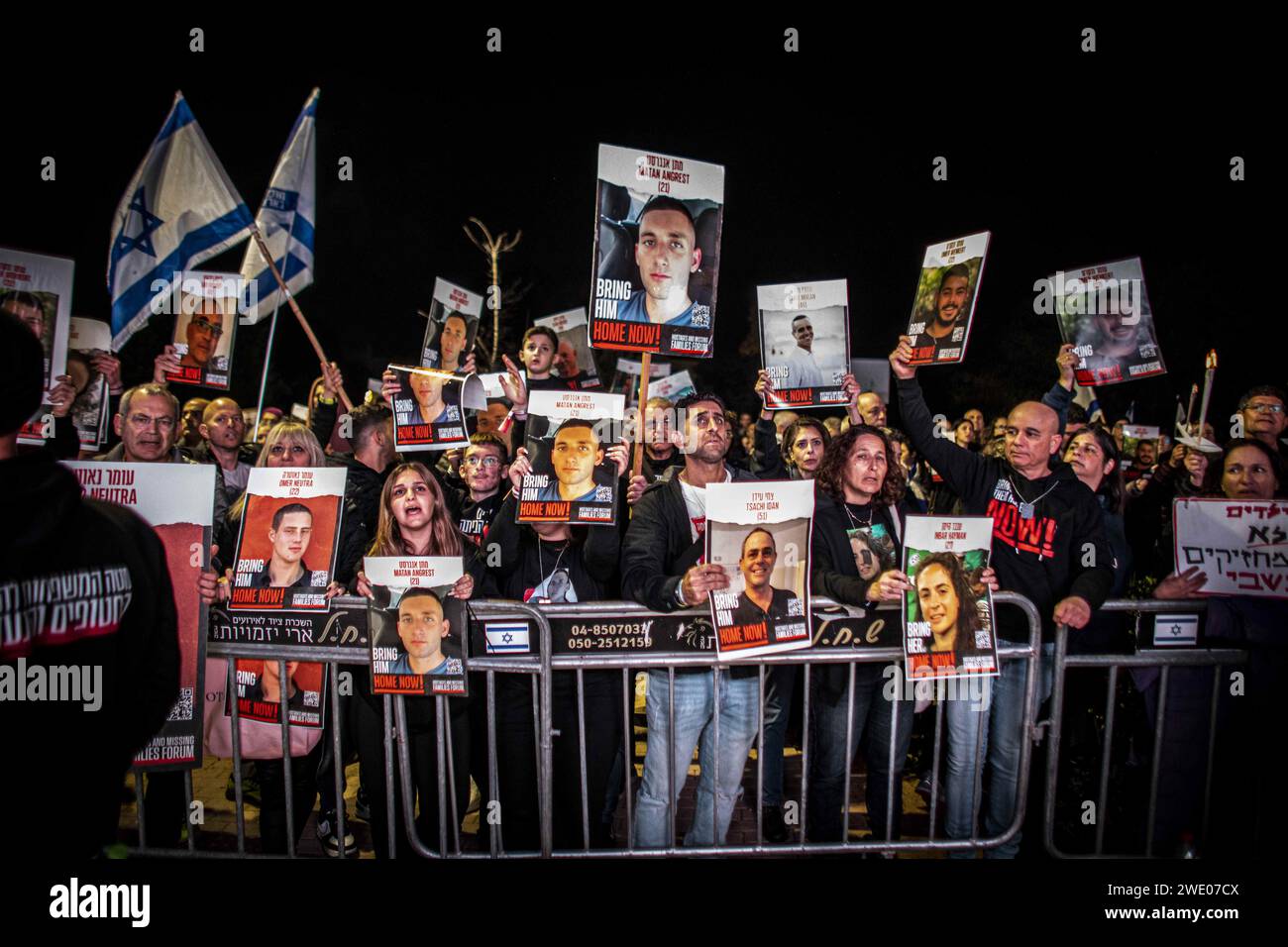 Caesarea, Israel. 20th Jan, 2024. Supporters and families of Israeli hostages held in Gaza hold pictures of their loved ones during a protest outside the home of Prime Minister Benjamin Netanyahu. The US, Egypt and Qatar are pushing Israel and Hamas to accept a comprehensive plan that would end the war, see the release of hostages held in Gaza, and ultimately lead to full normalization for Israel with its neighbors and talks for the establishment of a Palestinian state, The Wall Street Journal reported on Sunday. (Credit Image: © Eyal Warshavsky/SOPA Images via ZUMA Press Wire) EDITORIAL USA Stock Photo