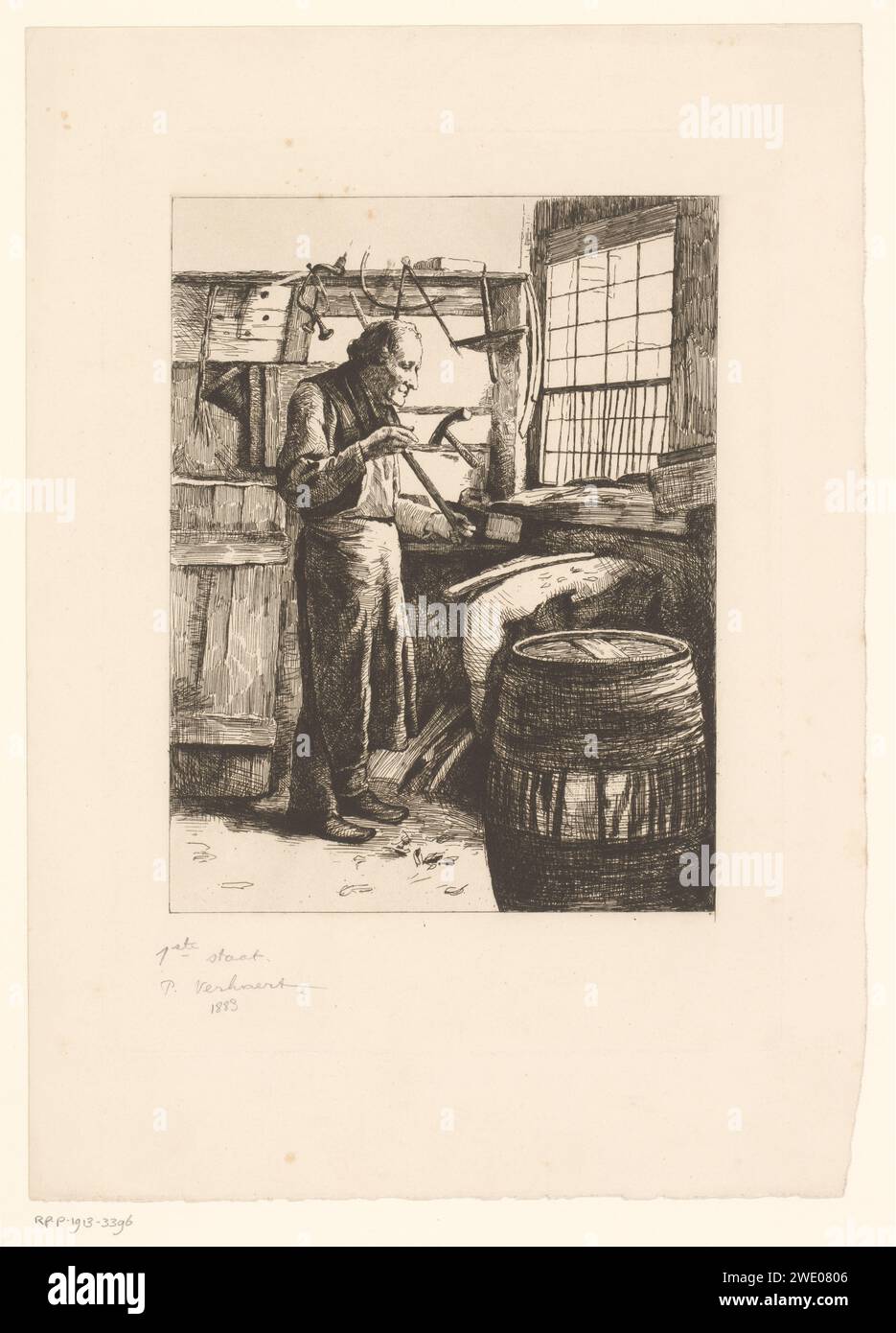 Kuiper at work in his workshop, Piet Verhaert, 1883 print paper etching ...
