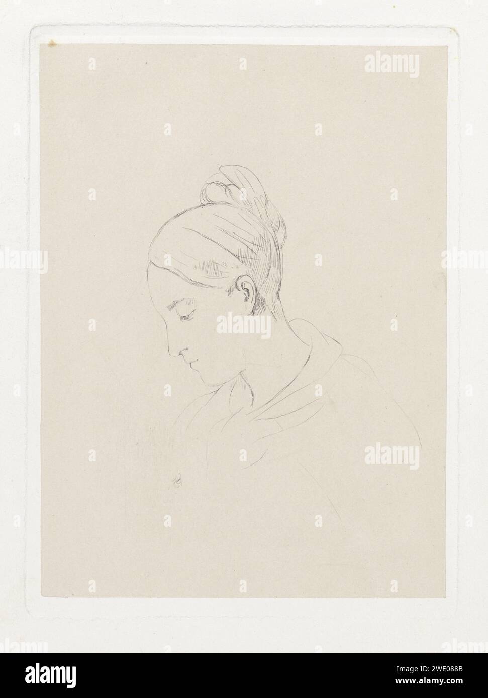 Head of a young woman, Cornelia Marjolin -Scheffer, 1845 - 1899 print Head of a young woman with a headscarf. She has knocked her eyes down and bends her head slightly forward. Paris paper. etching head bent forward; bowing - AA - female human figure Stock Photo