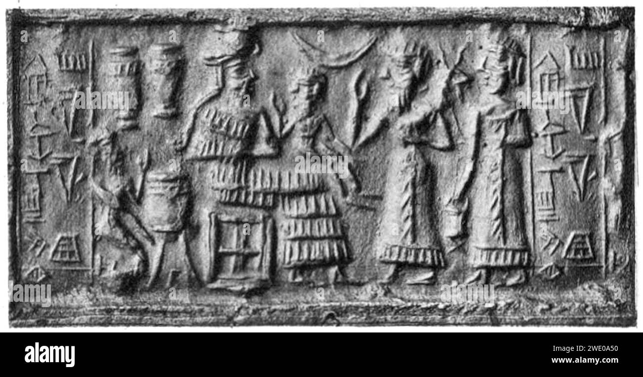 Akkadian cylinder seal with inscription Shu-ilishu, interpreter of the Meluhhan language, Stock Photo