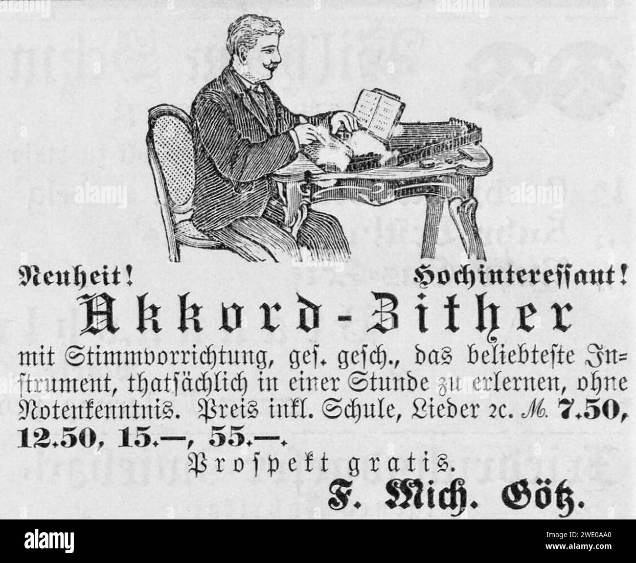Akkord-Zither F. Mich. Götz (Anzeige 1898 TüBl01-B24E). Stock Photo