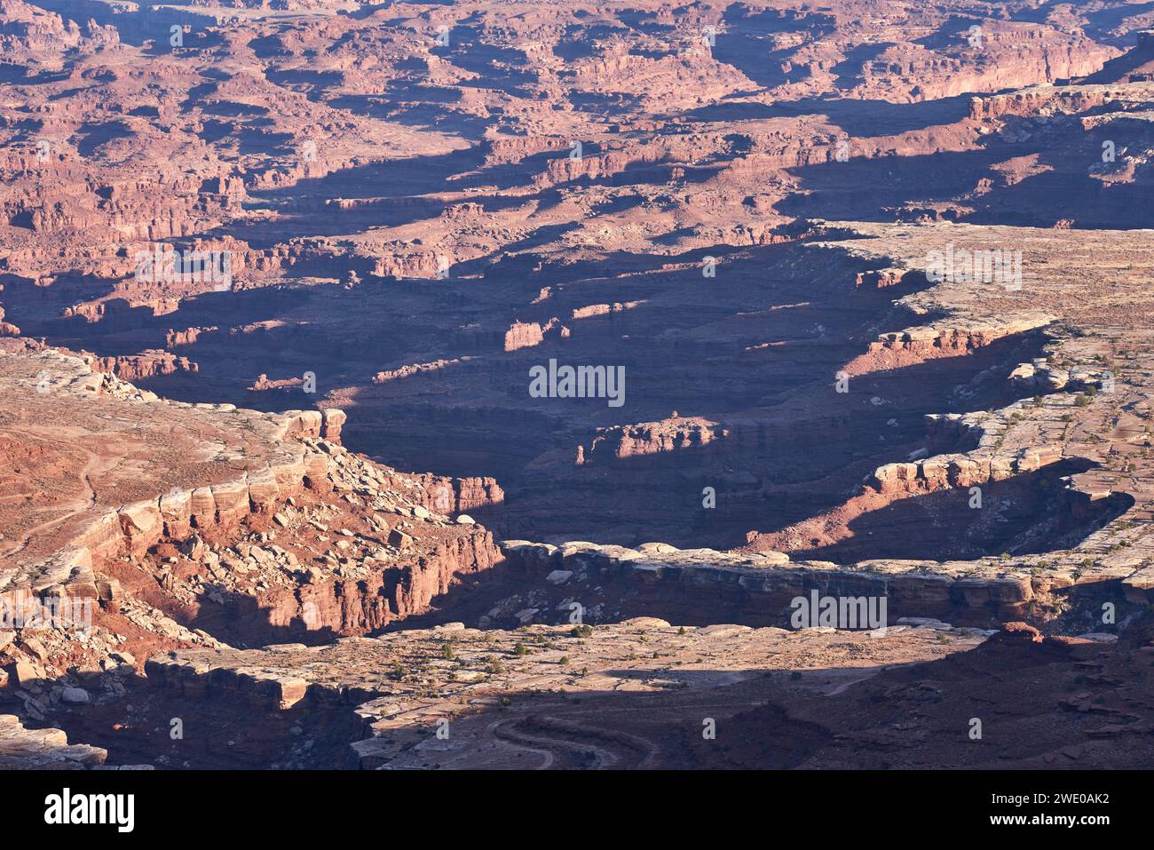 Shadows dance across the canyon floor, where erosion has sculpted the barren rock surface. Stock Photo