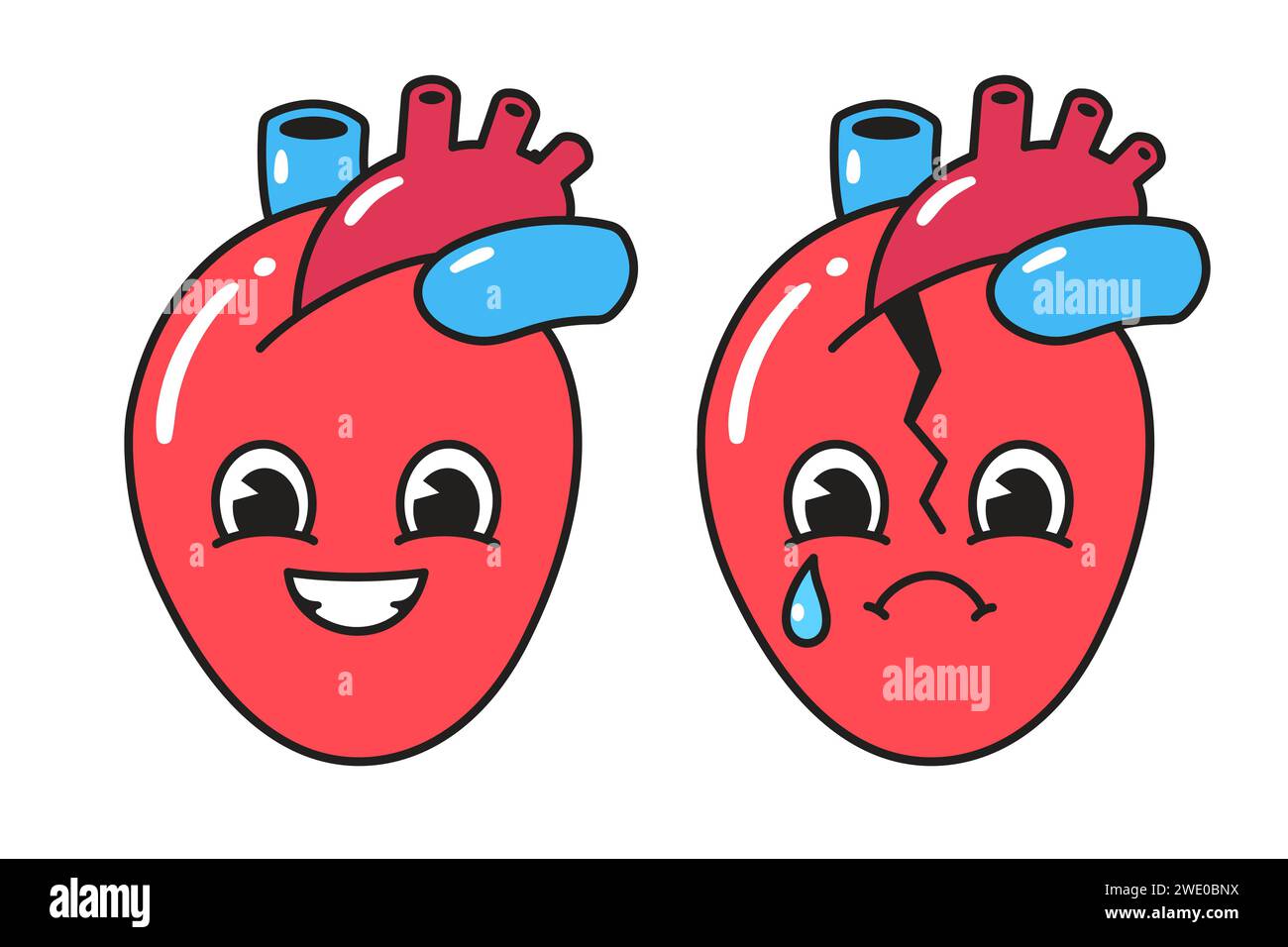 Cartoon happy and sad broken heart character, simple retro comic style vector illustration. Anatomical human heart with face. Stock Vector