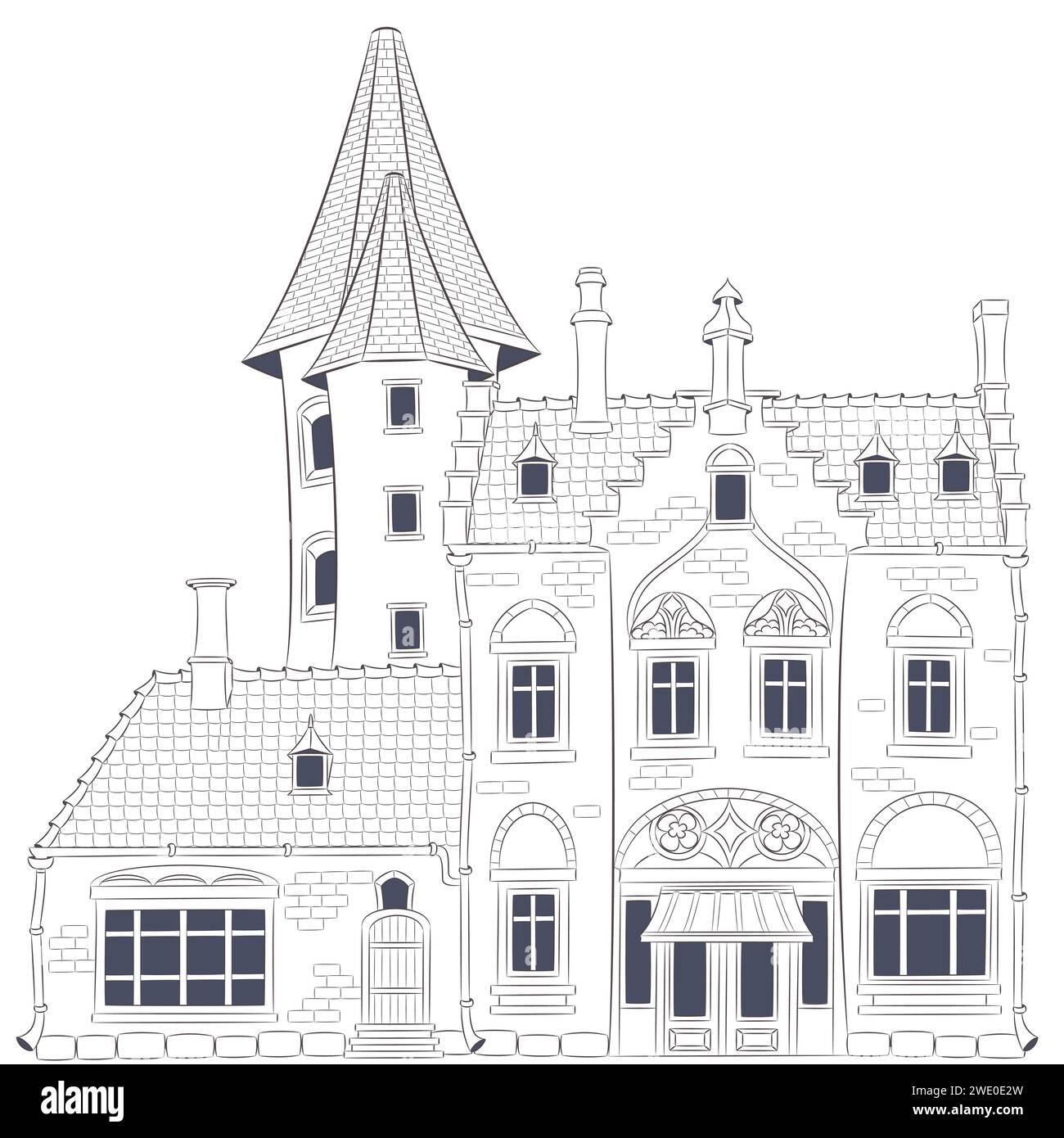 Vector drawing of a traditional old stone house with towers isolated on