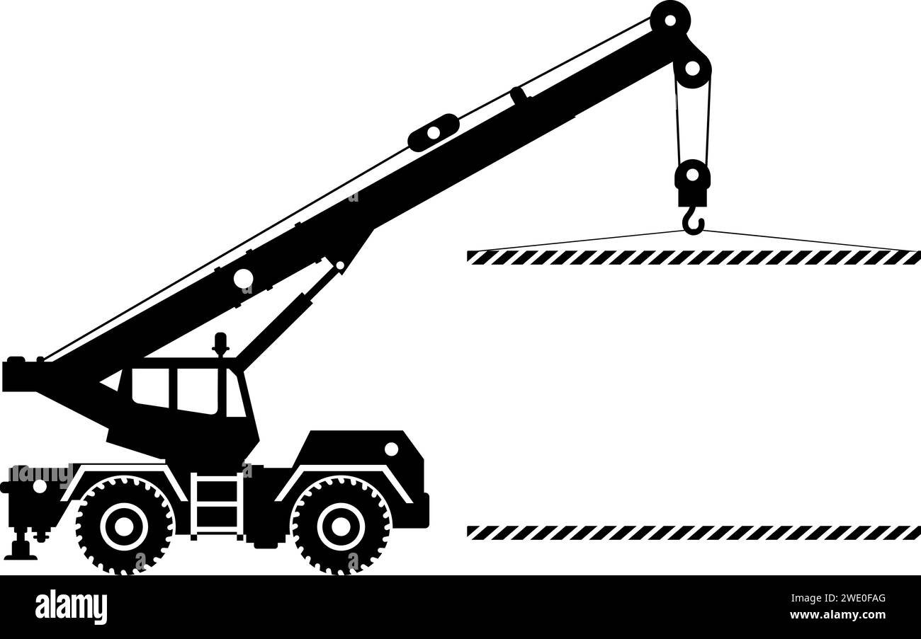 Silhouette of Mobile Wheel Crane with Poster Icon in Flat Style. Stock Vector