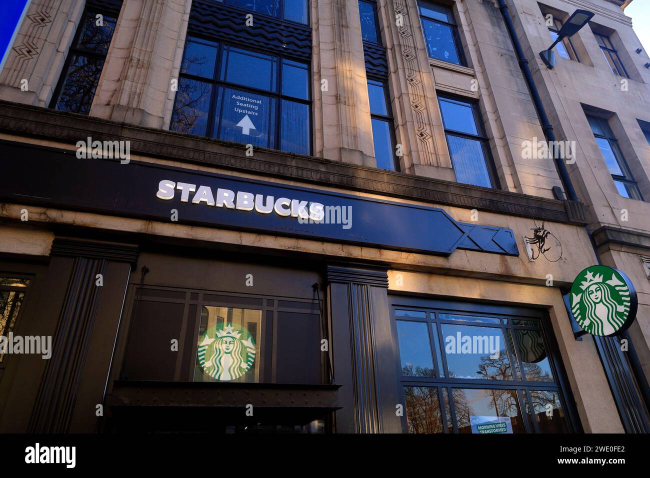 Starbucks coffee shop frontage, logo and rondel sign, Queen Street
