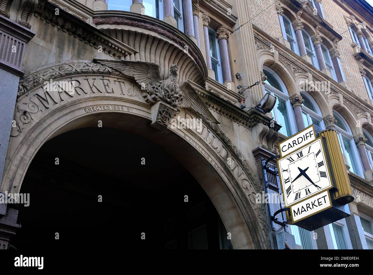 Cardiff Central Market archway and clock, . Taken January 2024 Stock