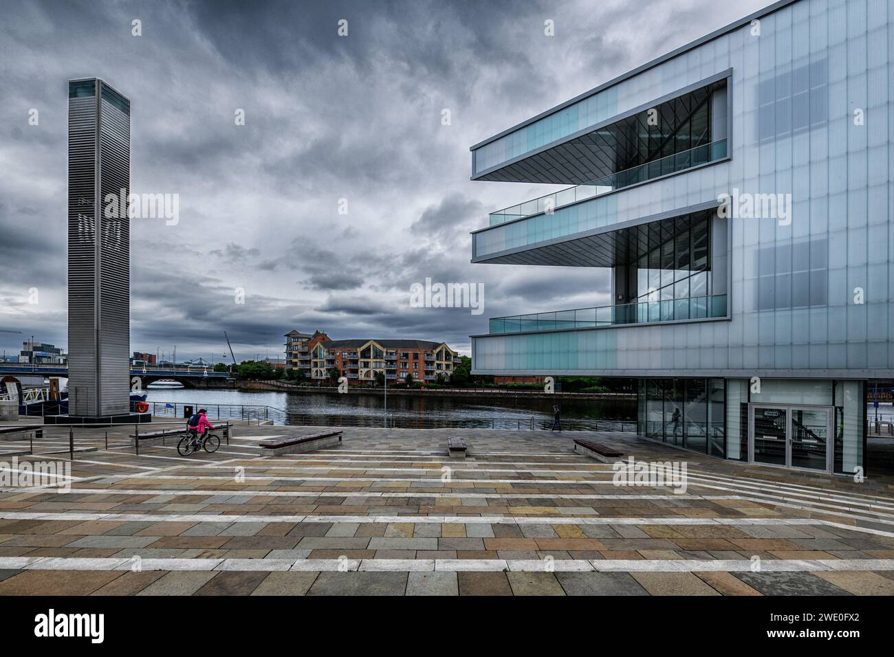 Financial and shopping area by the River Lagan on a rainy day in Belfast, Northern Ireland. Stock Photo