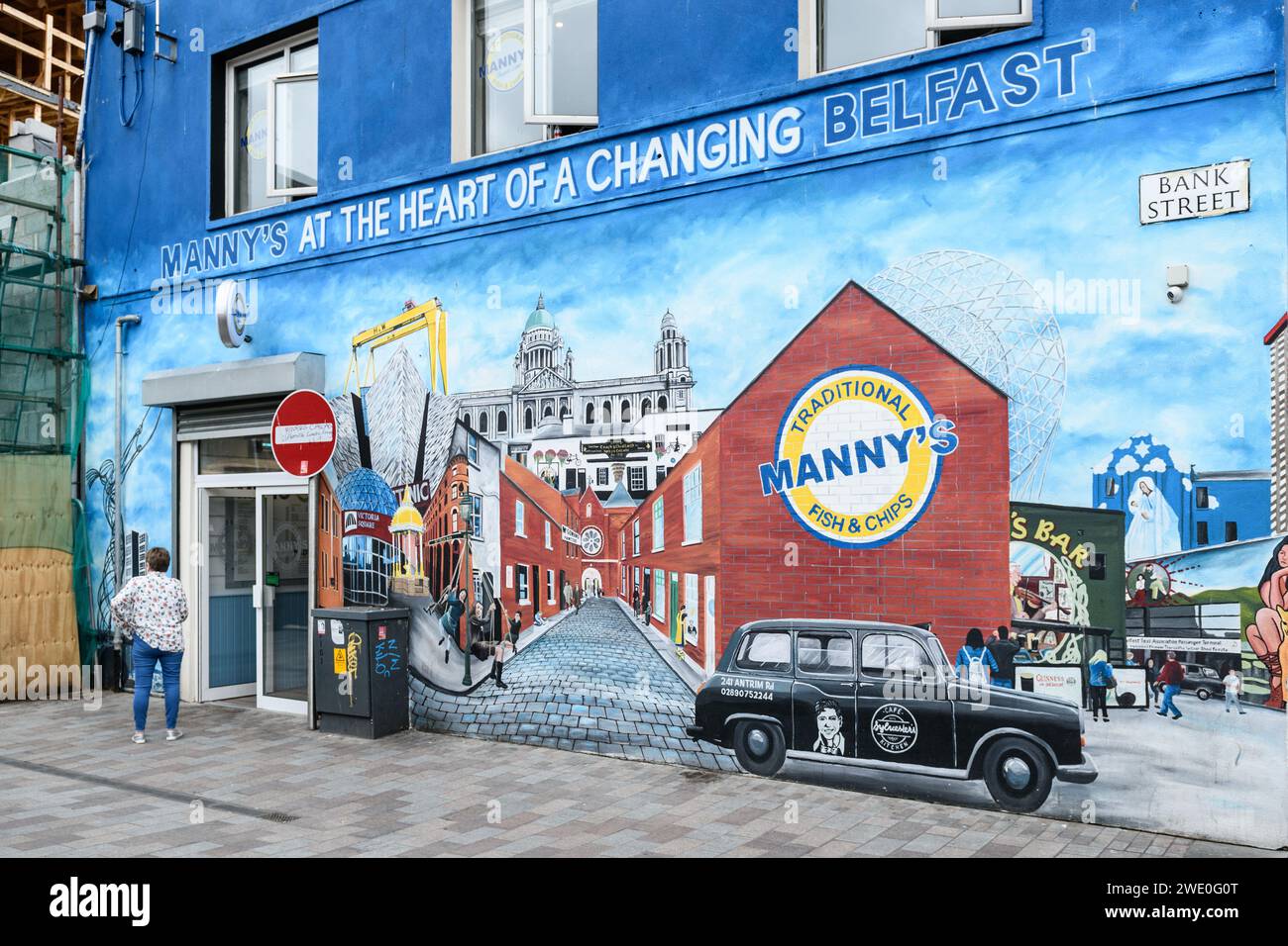 Mural painted on the wall of a restaurant in the city of Belfast, Northern Ireland. Stock Photo