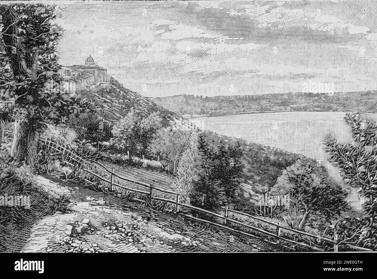 Albano, il lago con veduta di Castelgandolfo (xilografia). Stock Photo