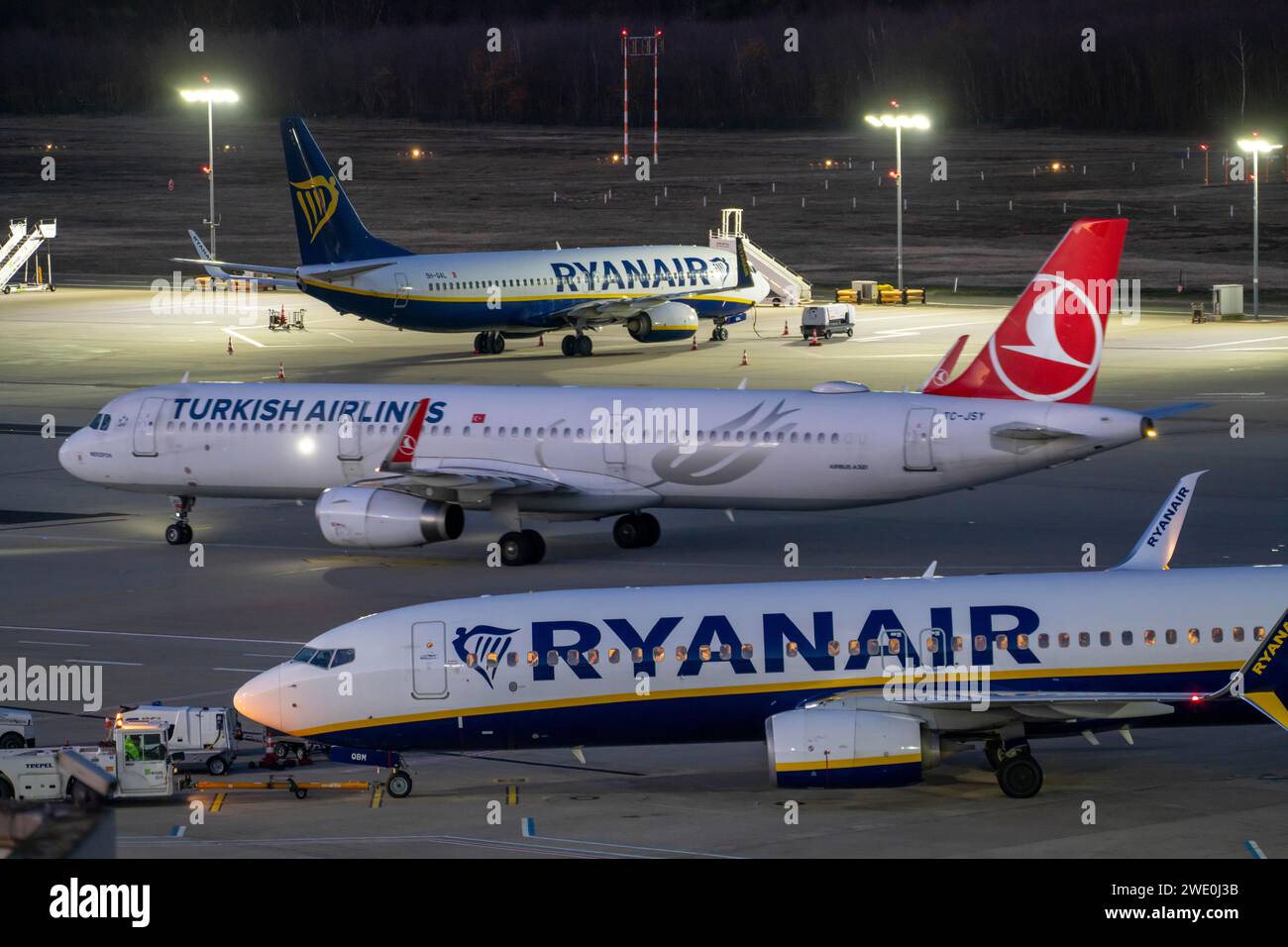 Ryanair and Turkish Airlines aircraft on the apron of CologneBonn