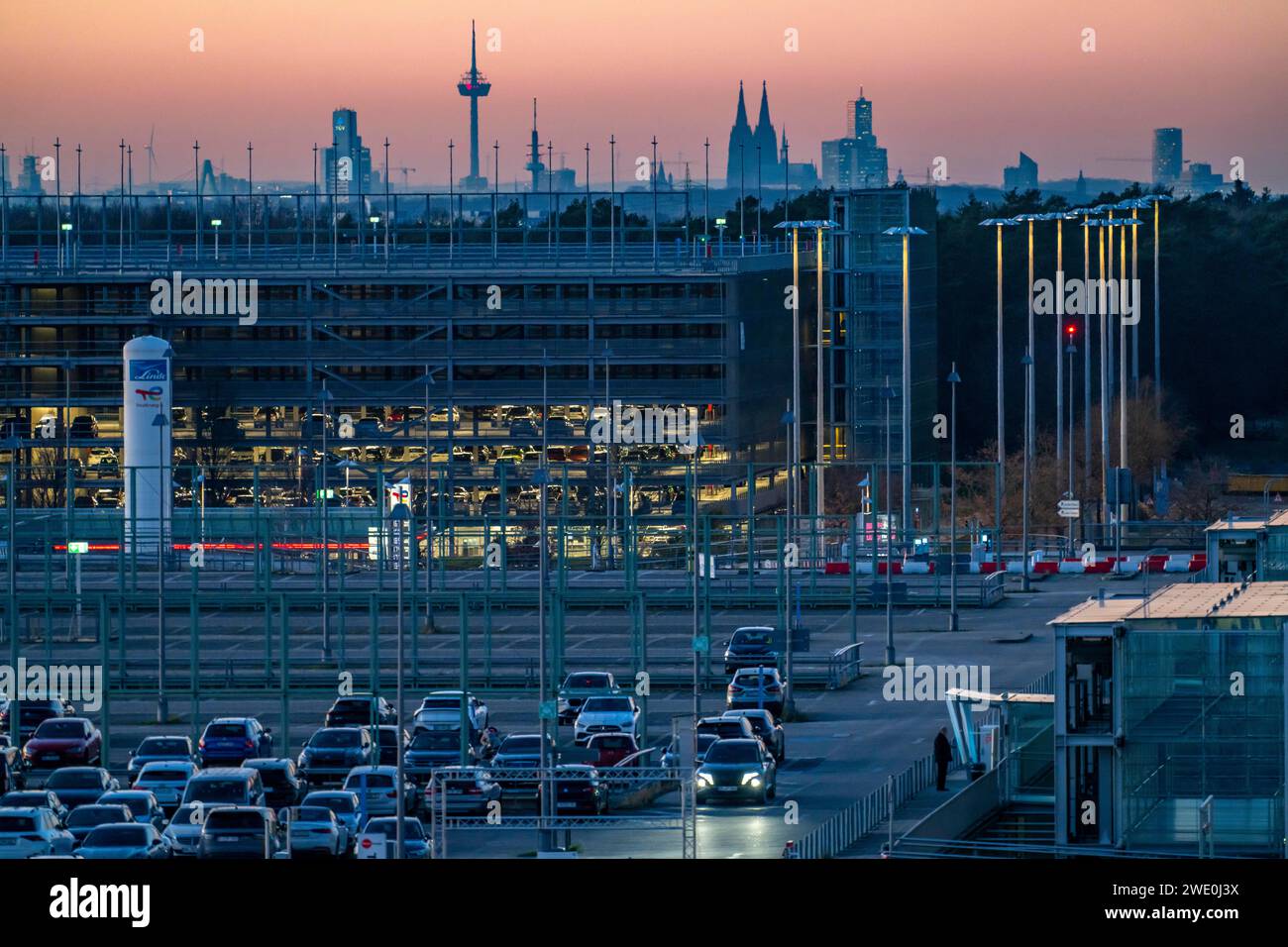 CologneBonn Airport car park, Cologne city centre skyline, cathedral