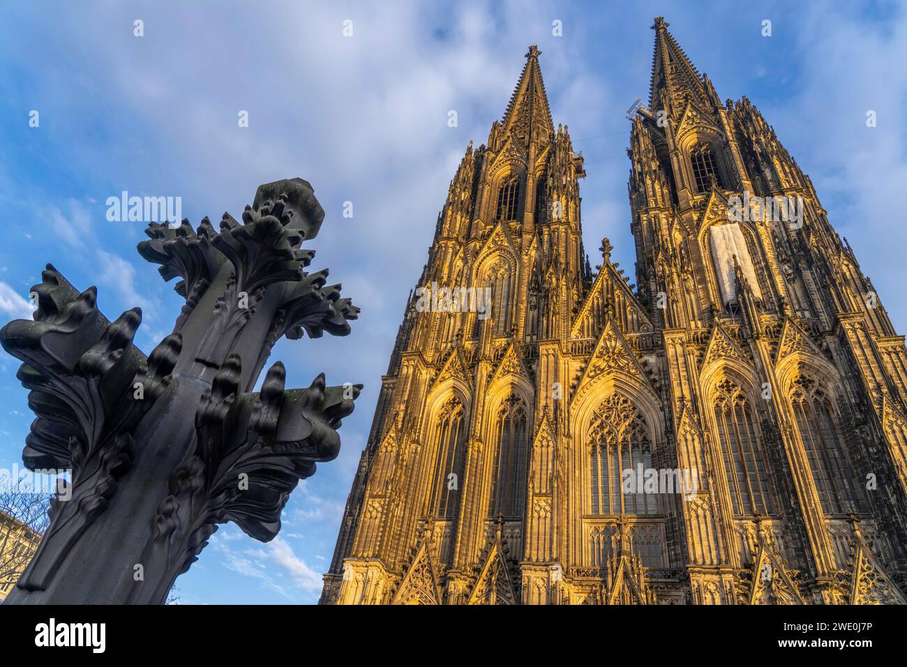 Cologne Cathedral, view of the west façade, on the north tower one of the rare occasions almost without scaffolding on the towers, Cologne, Germany, Stock Photo