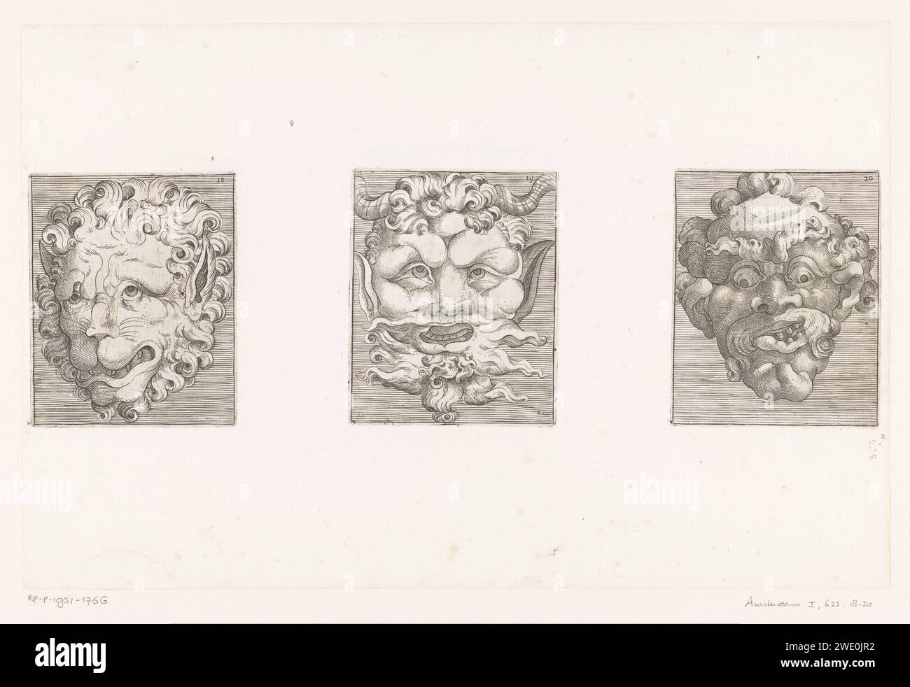 Three grotesque masks, 1540 - 1585 print Leaf with three performances of grotesque masks. Italy paper etching mask. mask, mascaron  ornament Stock Photo