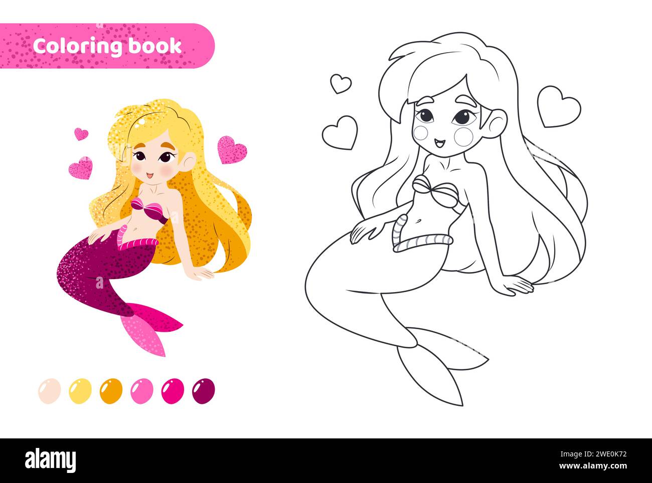Coloring book for kids. Cute mermaid with hearts. Stock Vector