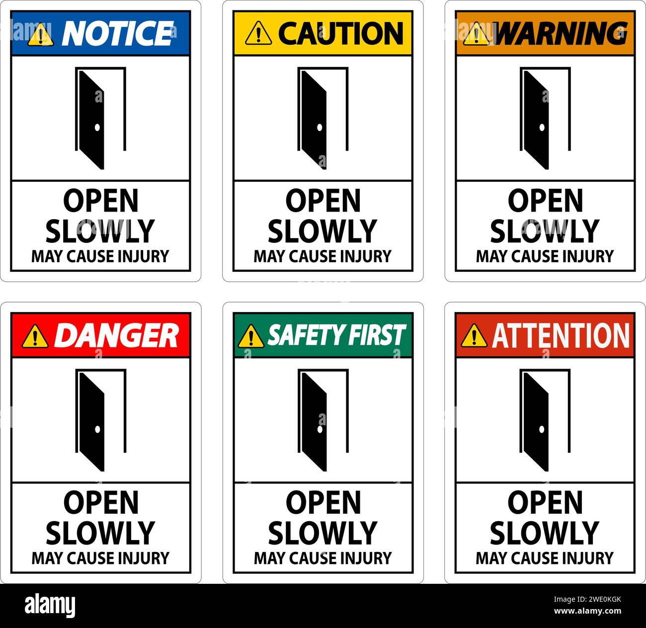 Safety First Sign, Open Slowly, May Cause Injury Stock Vector Image ...
