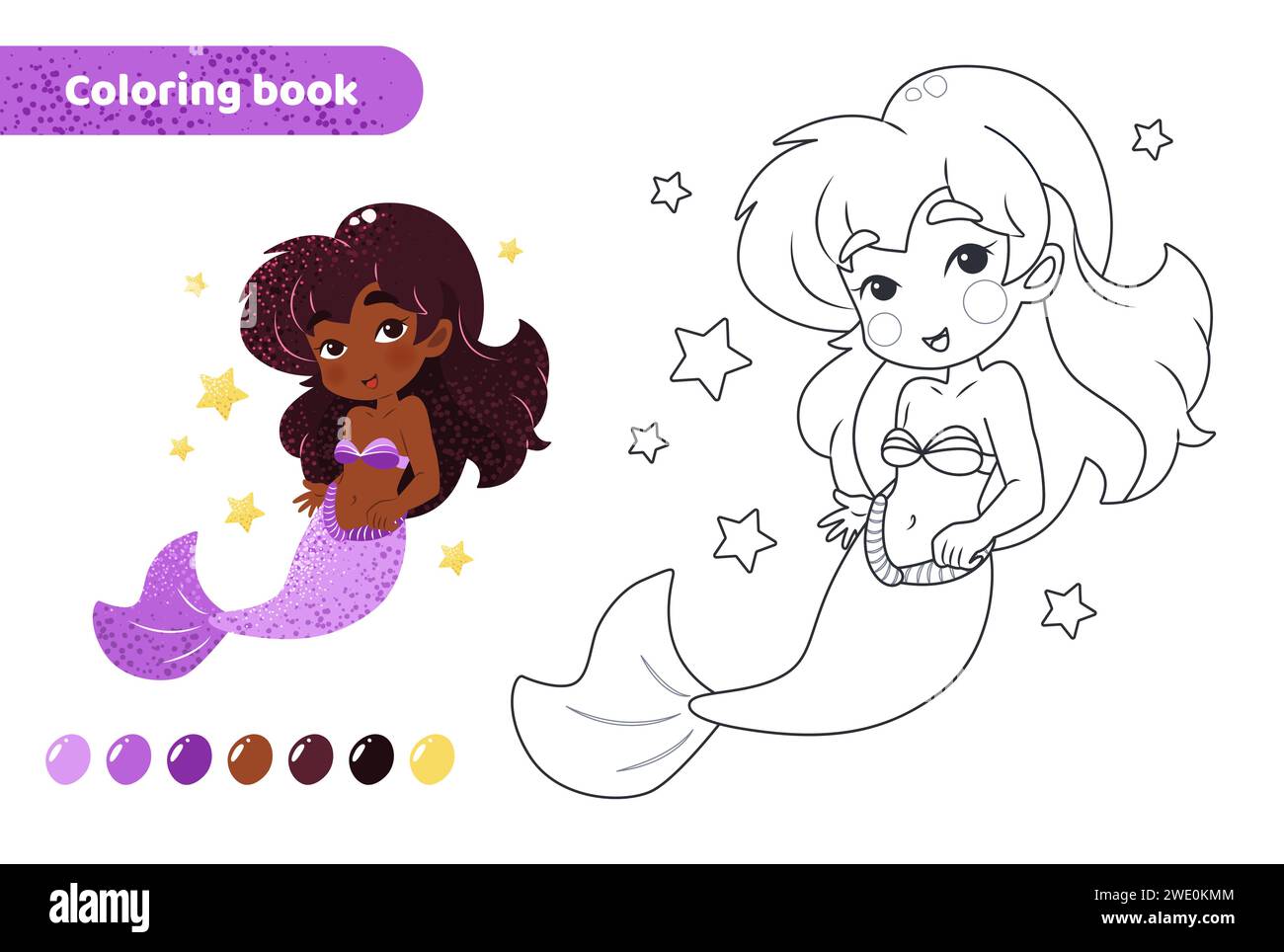 Coloring book for kids. Cute mermaid with stars. Stock Vector