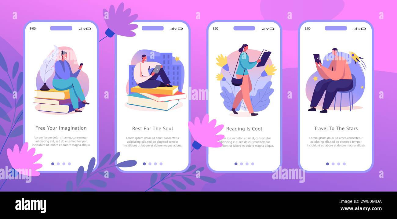 Study app. Mobile interface. People read books using smartphone. Digital tablet. E-book phone application technology. Student with literature. Social media page screen. Vector UI design templates set Stock Vector