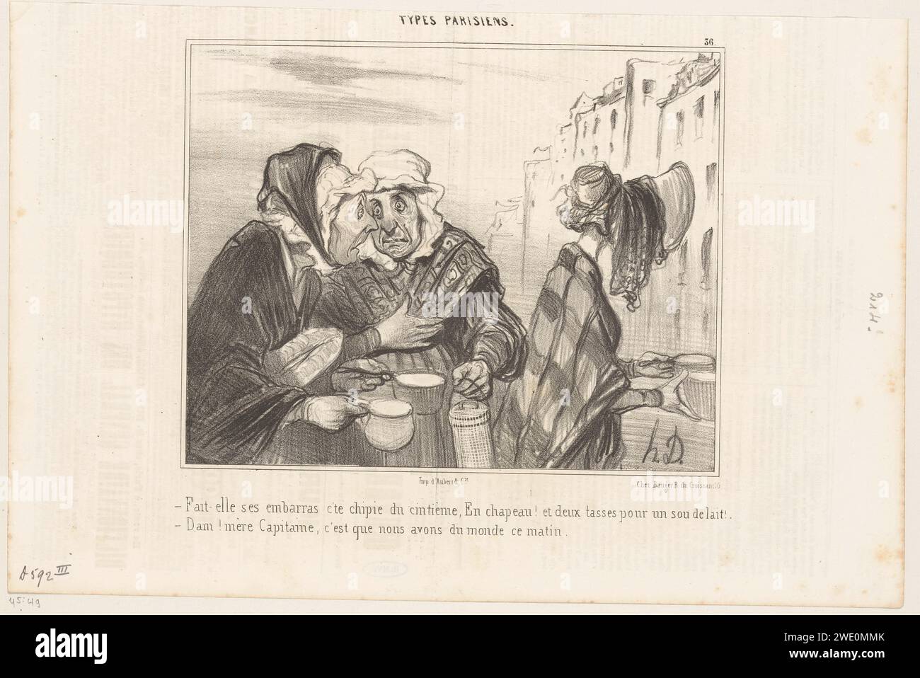 Two old women gossip about a third woman, Honoré Daumier, 1842   Paris paper letterpress printing caricatures (human types). slander. old woman Paris Stock Photo
