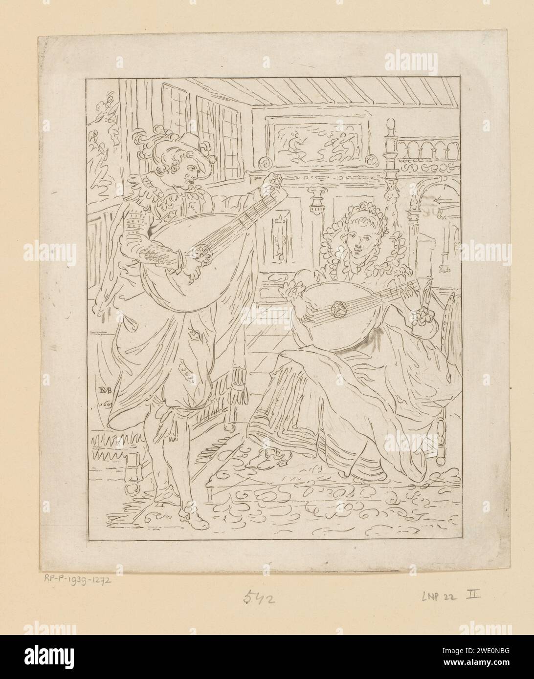 Luiten playing Lord and Dame, Bernhard Schreuder, After Karel van Mander (I), After David Vinckboons, 1772 - 1774 print Interior with a man and a woman who both play the lute. The print is loose in an album, see page 22. Amsterdam paper etching interior of the house. lute, and special forms of lute, e.g.: theorbo Stock Photo