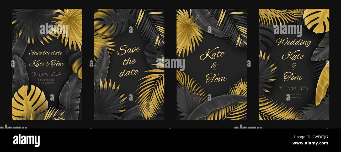 Tropical wedding invitations. Gold, black leaf, tropic jungles on birthday card, save the date, banana and monstera palms. Beautiful summer nature luxury premium background. Vector backgrounds set Stock Vector