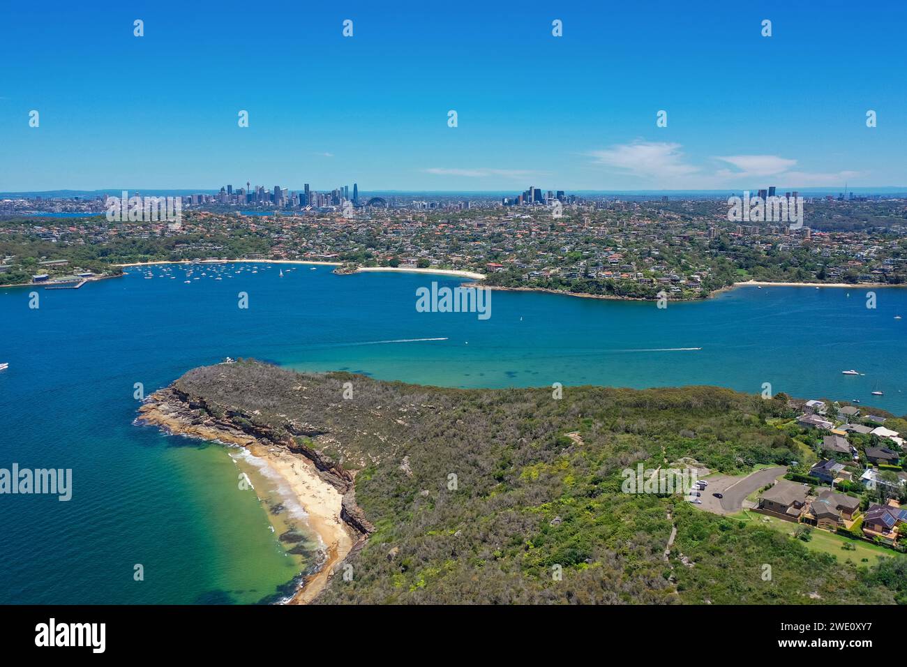 Beautiful high angle aerial drone view of Balmoral Beach and Edwards Beach in the suburb of Mosman, Sydney, New South Wales, Australia. CBD, North Syd Stock Photo
