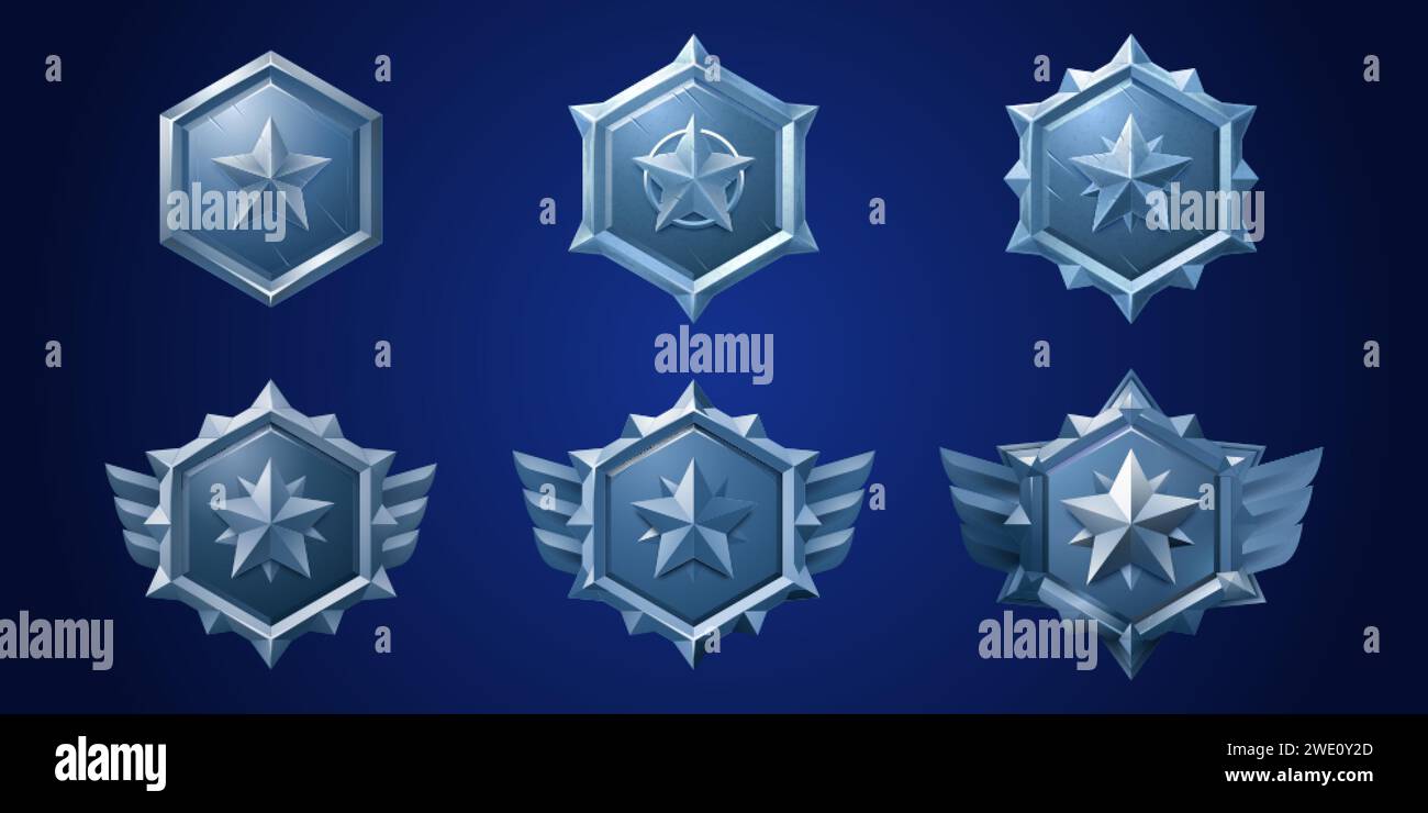 Hexagon metallic badge with star and decorations for game level rank progress ui design. Cartoon vector illustration set of various evolution stages o Stock Vector