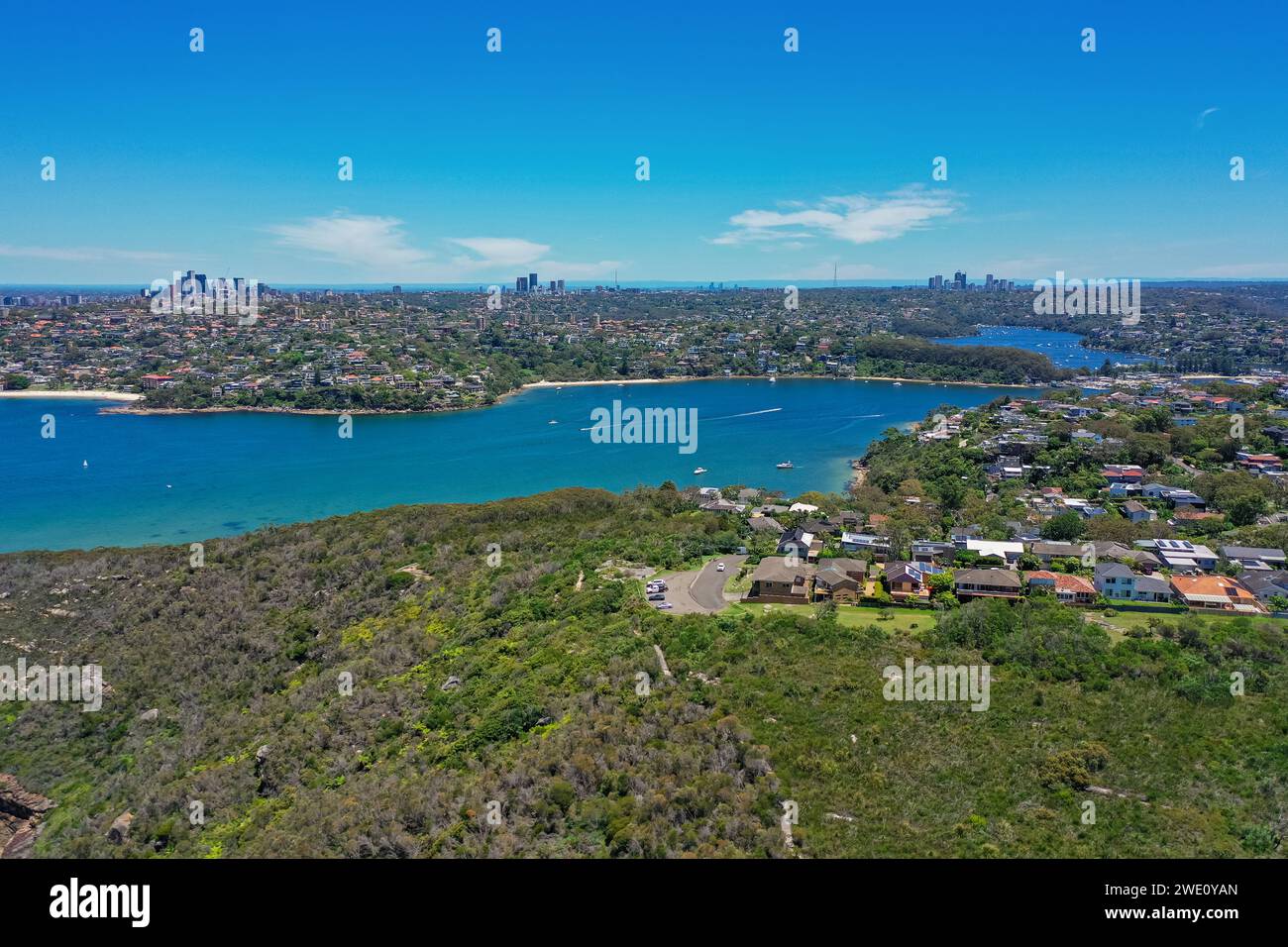Beautiful high angle aerial drone view of Edwards Beach and Chinamans Beach in the suburb of Mosman, Sydney, New South Wales, Australia. North Sydney, Stock Photo