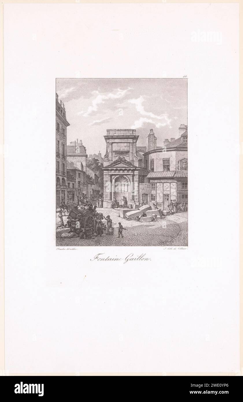 View of the Place Gaillon with the Fontaine Gaillon in Paris, Louis Albert Bacler d'Albe, 1822 - 1824 print In the foreground, figures in a car are busy loading or unloading household goods. There are large pieces of stone on the center of the square, which are edited by stonemasons. Paris paper  village square, place. ornamental fountain (in village). moving (house). stone-cutter, stone-sawyer Place Gaillon Stock Photo