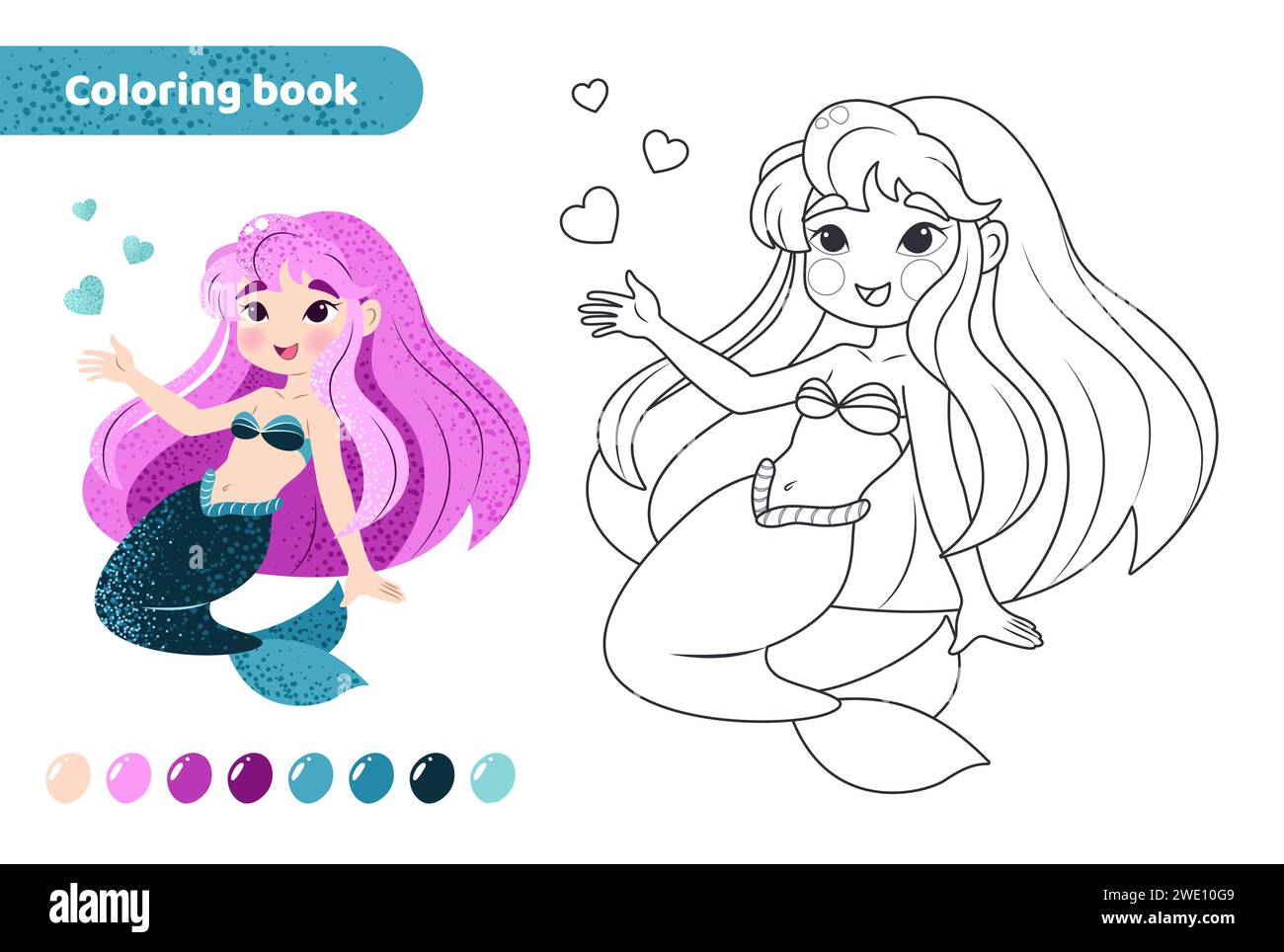 Coloring book for kids. Cute mermaid with hearts. Stock Vector