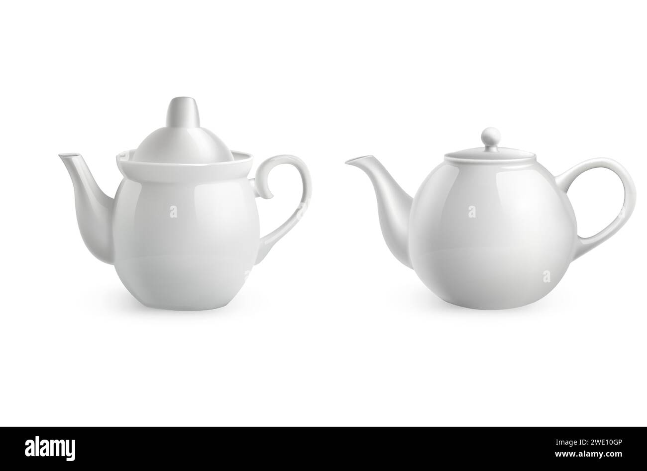 Teapot set. Realistic white porcelain, morning hot drinks utensil
