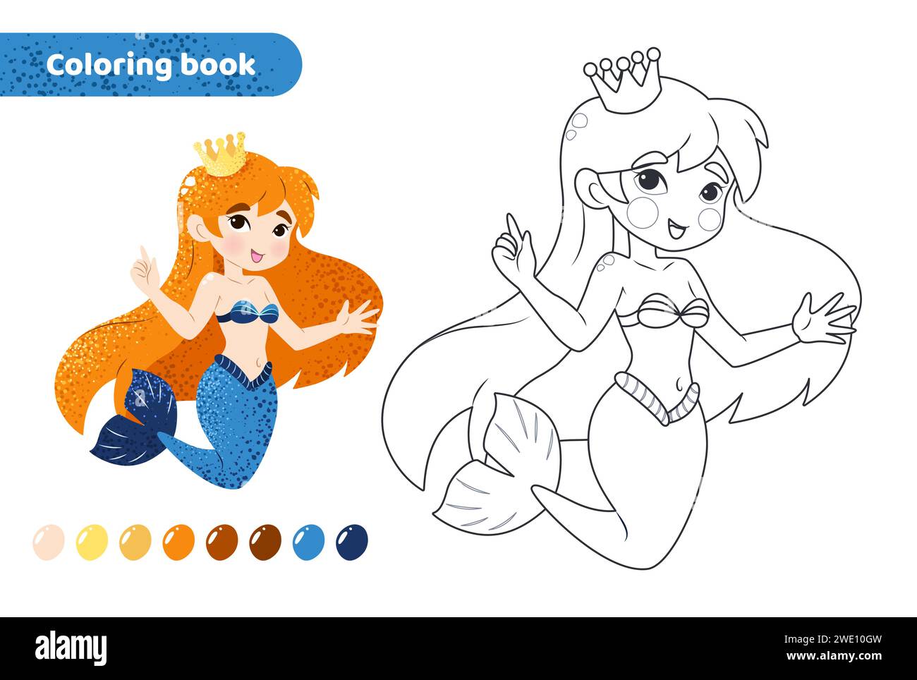 Coloring book for kids. Cute mermaid with crown. Stock Vector