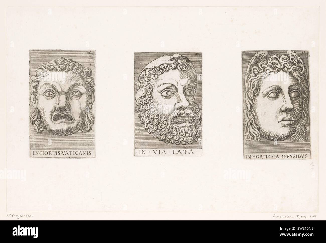 Three antique masks, 1540 - 1585 print Leaf with three performances of antique masks. Italy paper etching mask. mask, mascaron  ornament Stock Photo