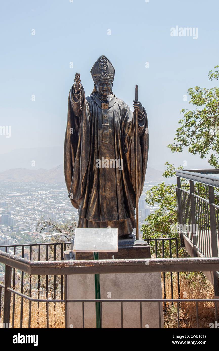 Statue (2011) of the late Pope, St John Paul II, on Cerro San Cristobal, in the Metropolitain Park on the outskirts of Santiago de Chile. Stock Photo