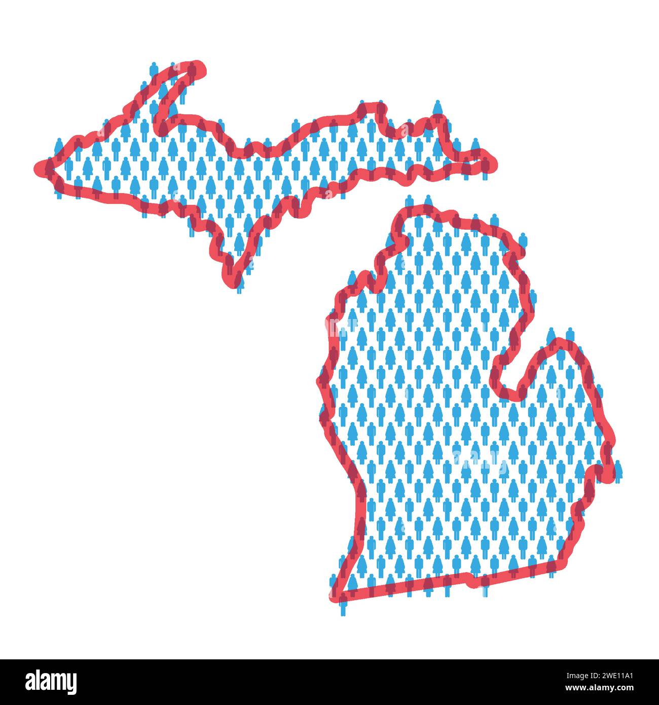 Michigan population map. Stick figures people map with bold red translucent state border. Pattern of men and women icons. Isolated vector illustration Stock Vector