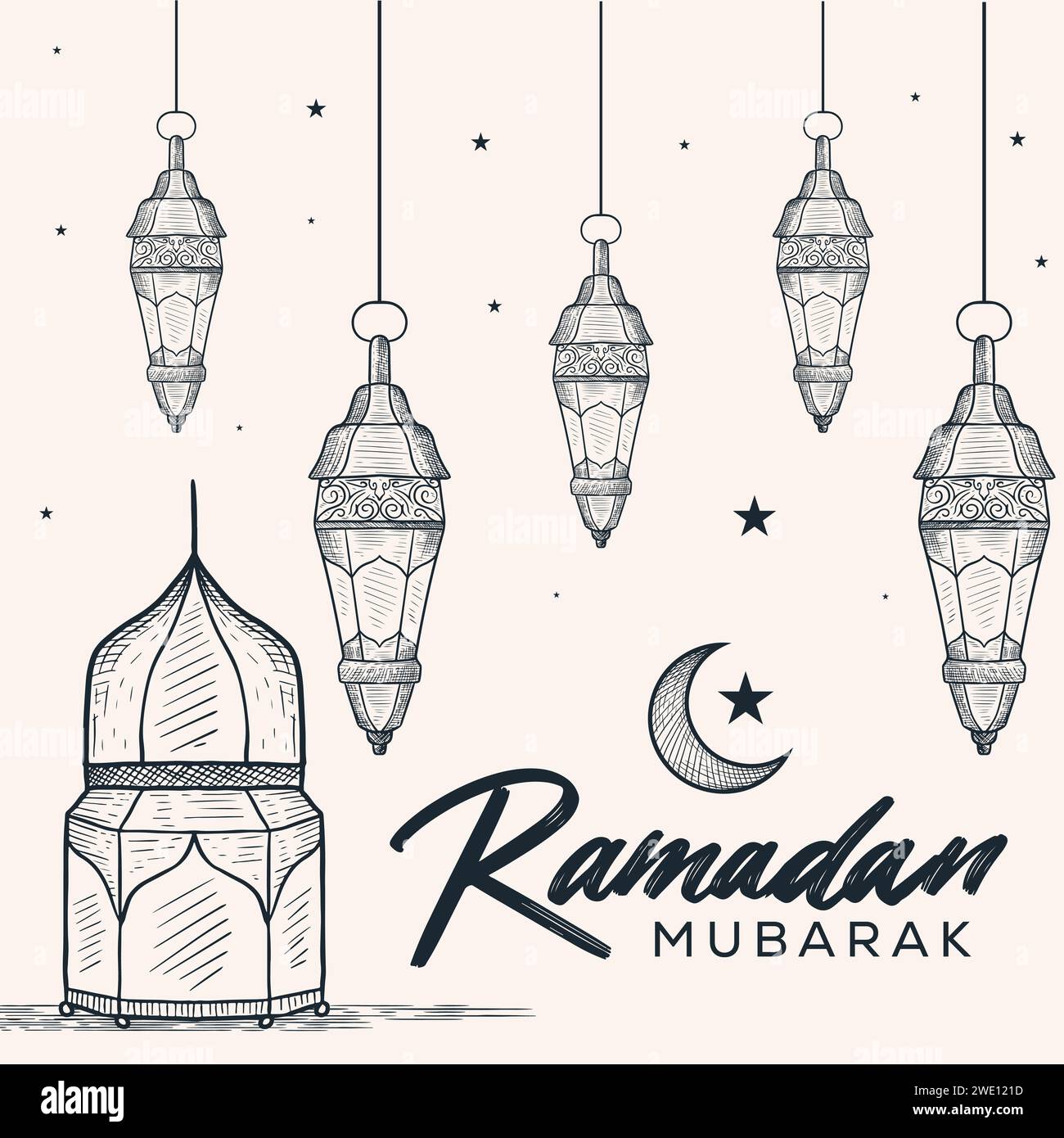 hand drawn ramadan mubarak illustration with lanterns Stock Vector