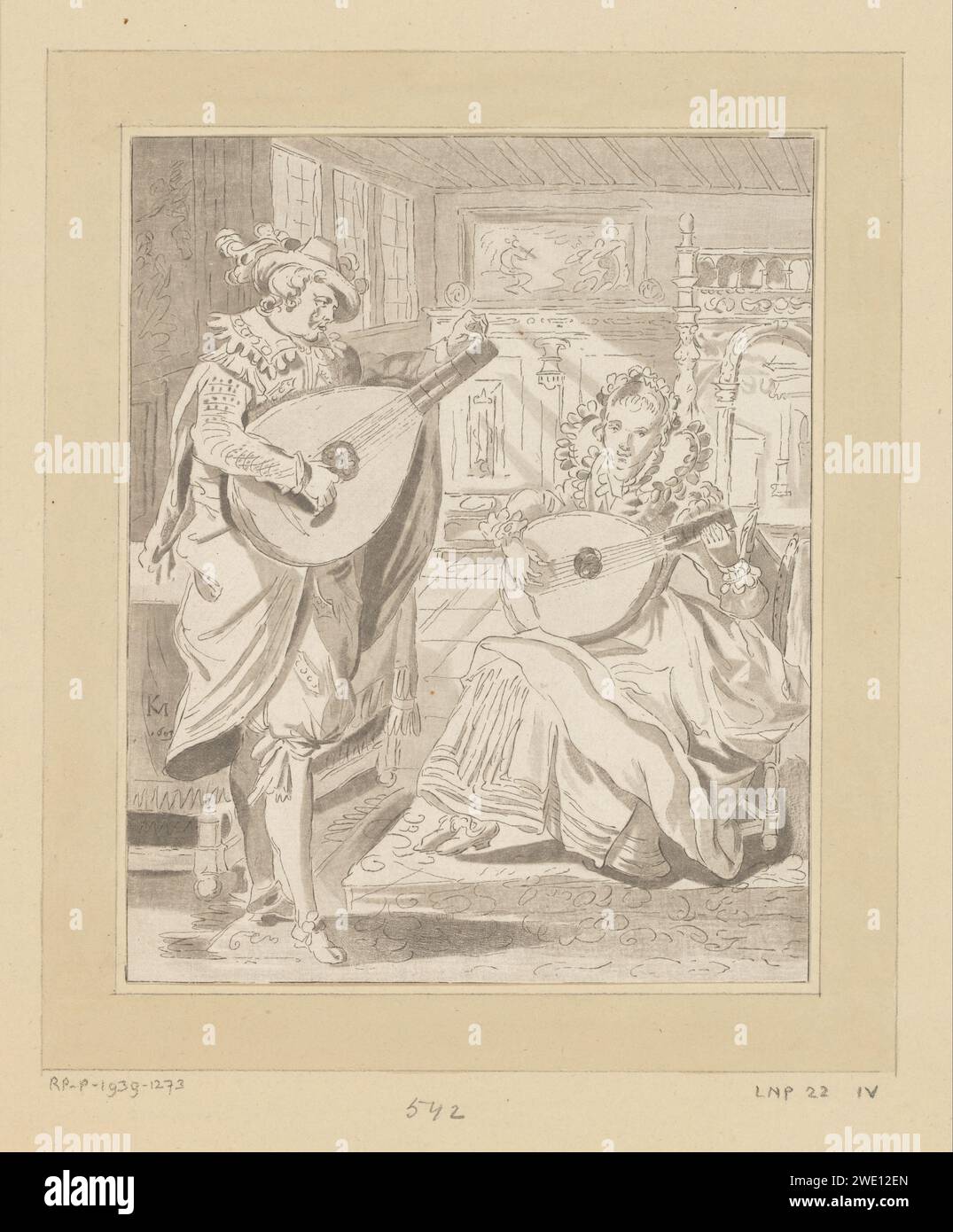 Luiten playing Lord and Dame, Bernhard Schreuder, After Karel van Mander (I), 1772 - 1774 print Interior with a man and a woman who both play the lute. The print is loose in an album, see page 22. Amsterdam paper etching interior of the house. lute, and special forms of lute, e.g.: theorbo Stock Photo