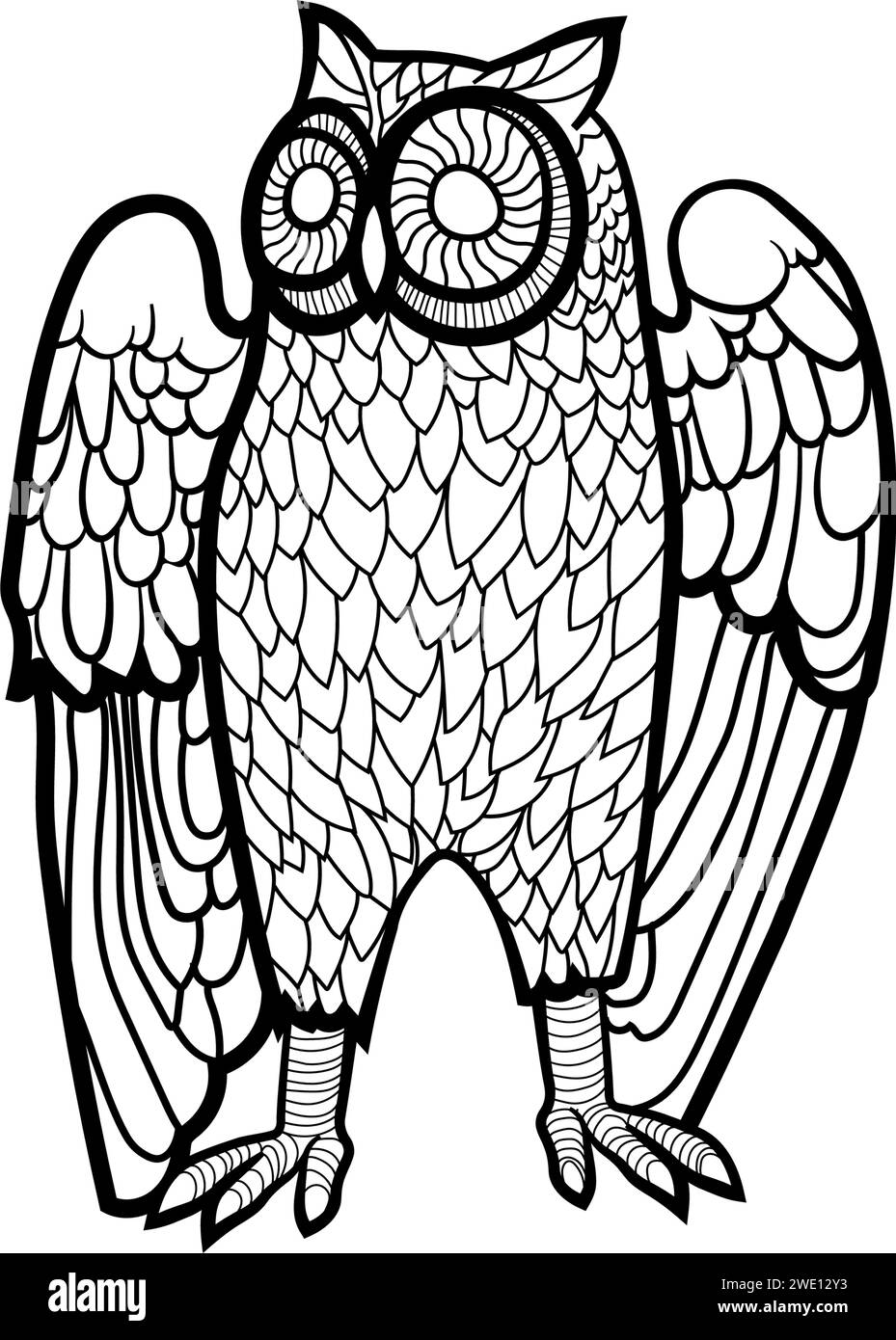 Stylized illustration of an owl, intricate line art, black and white, large circular eyes, body covered with detailed feathers. Stock Vector