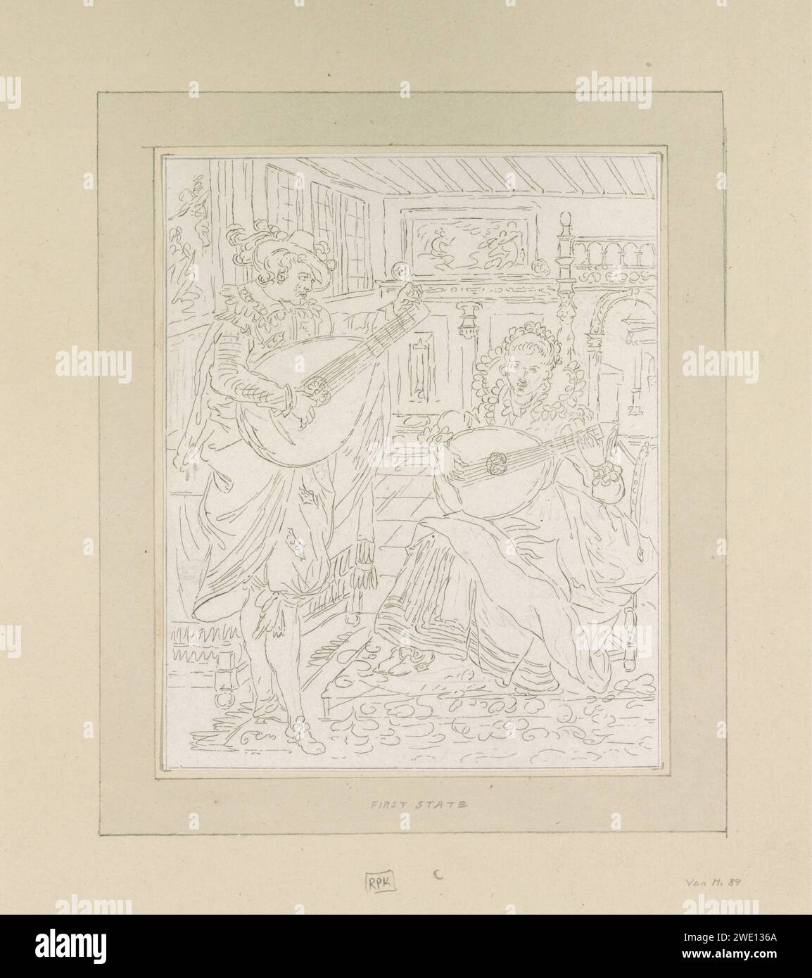 Luiten playing Lord and Dame, Bernhard Schreuder, Cornelis Ploos van Amstel, after Karel van Mander (I), 1788 print Interior with a man and a woman who both play the lute. Amsterdam paper etching lute, and special forms of lute, e.g.: theorbo. interior of the house Stock Photo