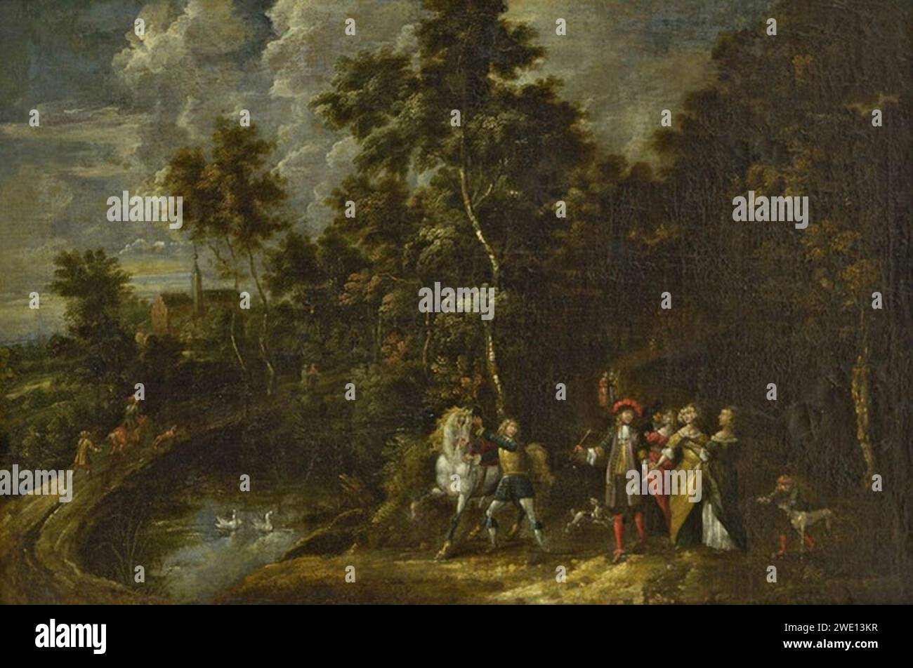 Alexander Casteels - Forest landscape with elegant travellers. Stock Photo