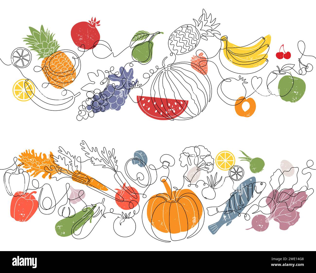 Food background. Cook kitchen patterns, heathy art lunch or chef menu, restaurant recipe border. Fruit and vegetables. Contemporary monoline sketch. Decorative frame. Meat and fish. Vector line banner Stock Vector