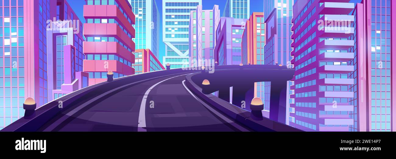 Highway flyover in modern city. Vector cartoon illustration of bridge overpass against futuristic cityscape background, road to modern skyscrapers, cyberpunk game backdrop, transport infrastructure Stock Vector