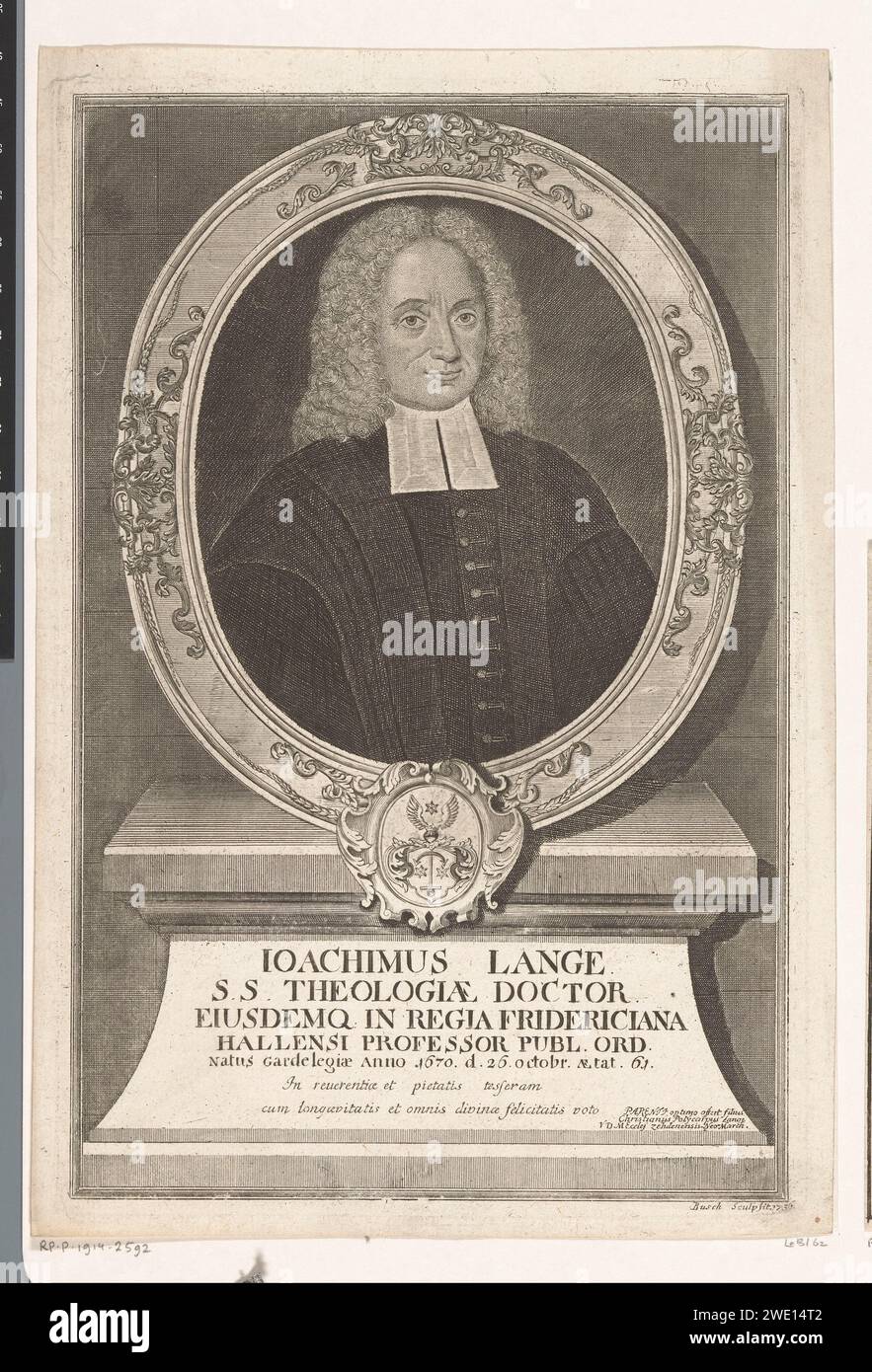 Portrait van Joachim Lange, Georg Paul Busch, 1736 print  print maker: BerlinCedynia paper engraving historical persons. armorial bearing, heraldry Stock Photo