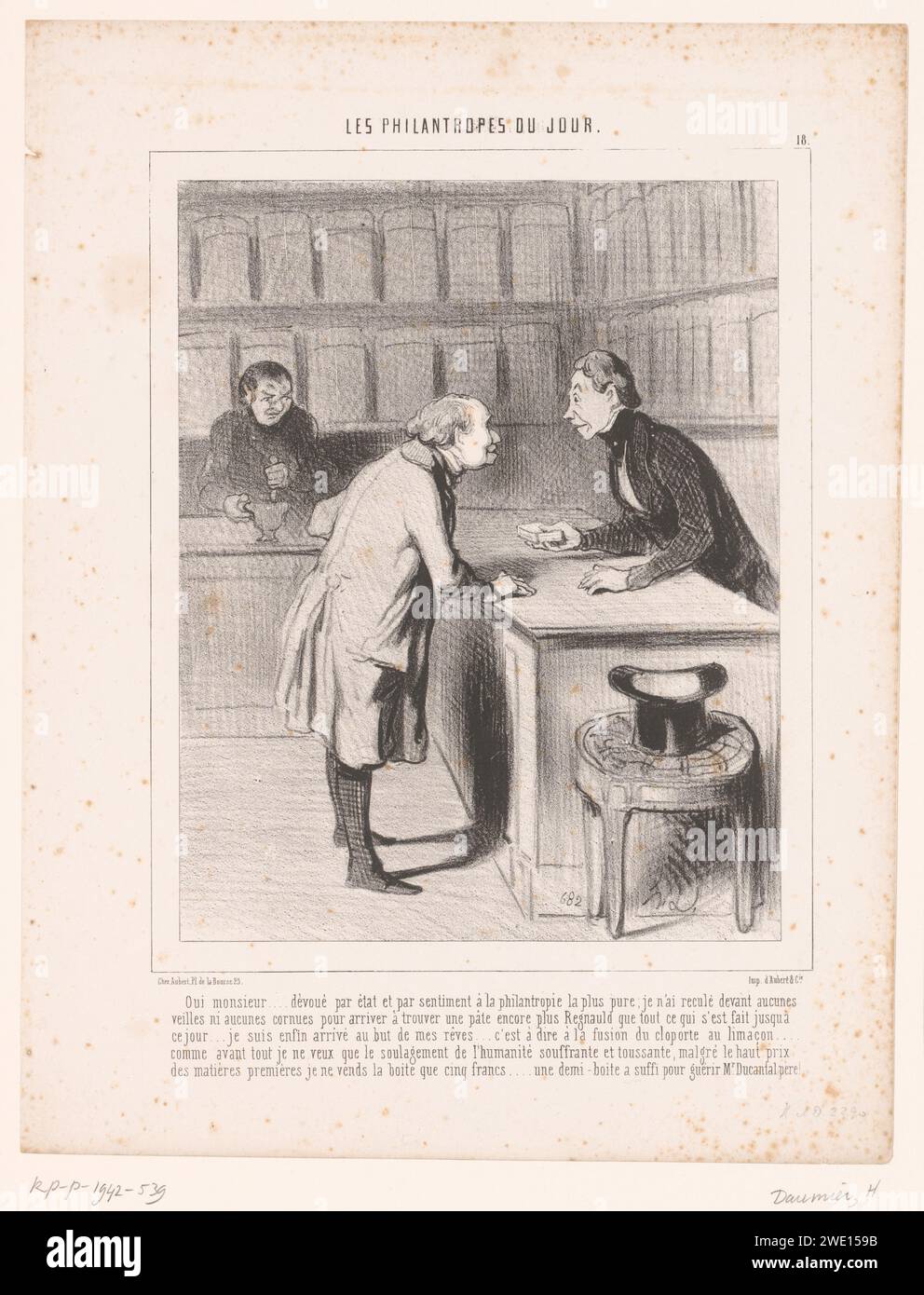 Pharmacist sells an ointment, Honoré Daumier, 1844  The pharmacist tells his customer that he has put a lot of time and effort into developing a medicinal ointment. He is driven by his philanthropic motives and is therefore willing to sell the ointment with a discount. Paris paper  caricatures (human types). ointments. pharmacist, druggist, apothecary; pharmacy, drugstore, dispensing chemist. philantropist. customer Stock Photo